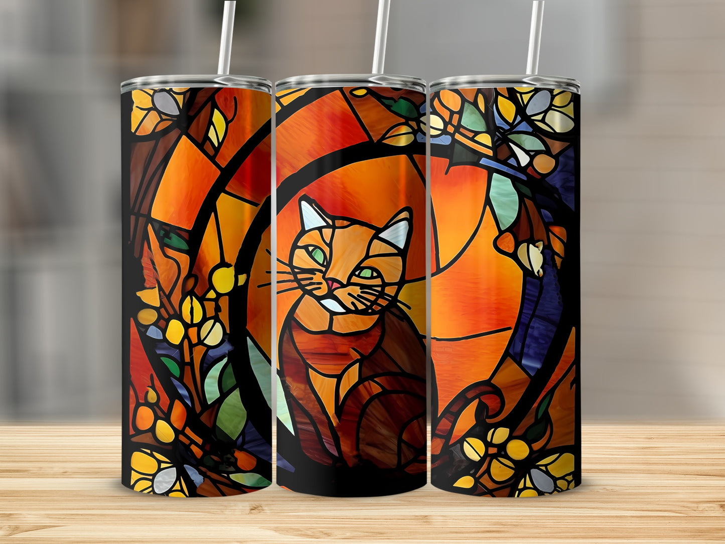 Stained glass cat design on a tumbler with floral accents.
