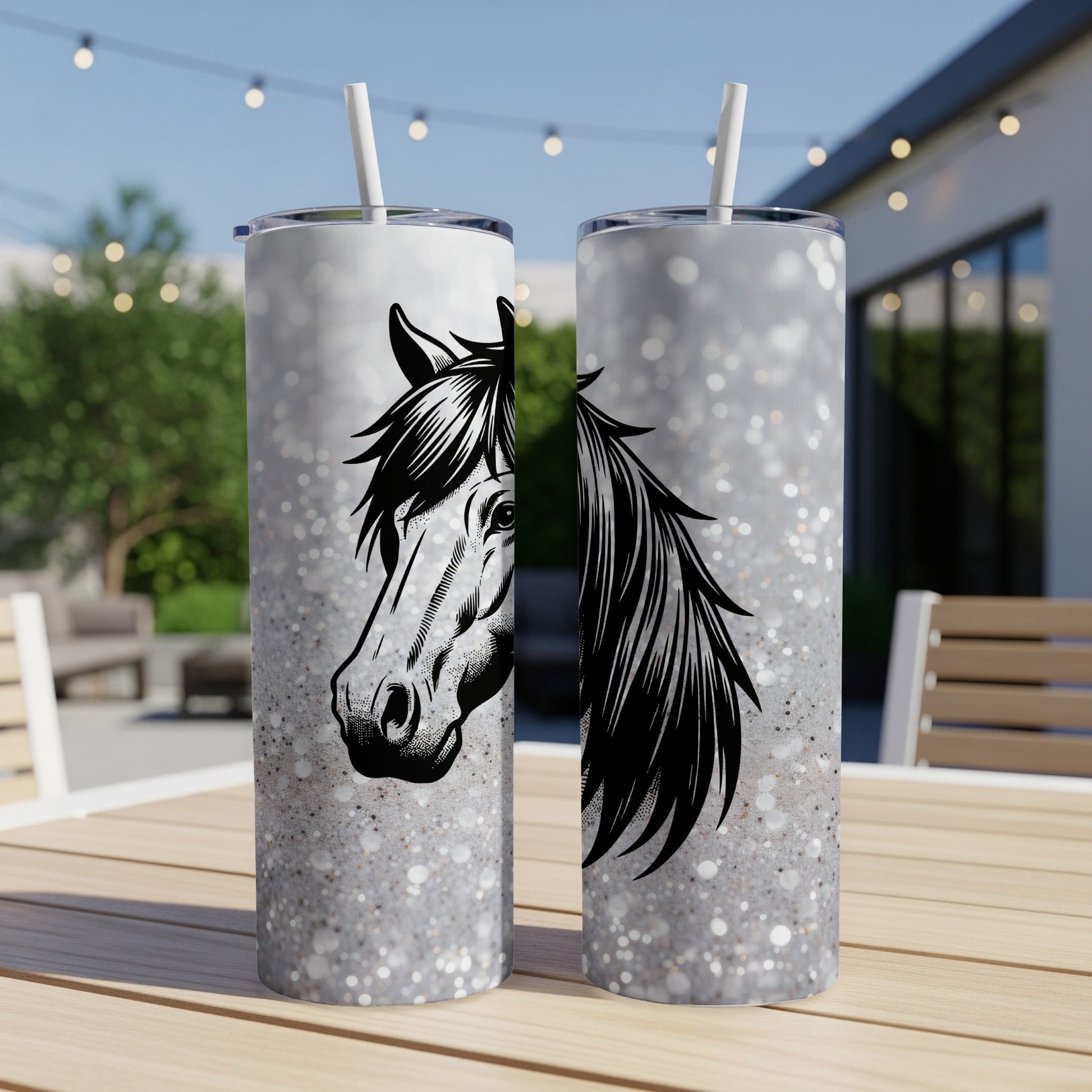 Two tall tumblers with a horse head design and a glittery background.