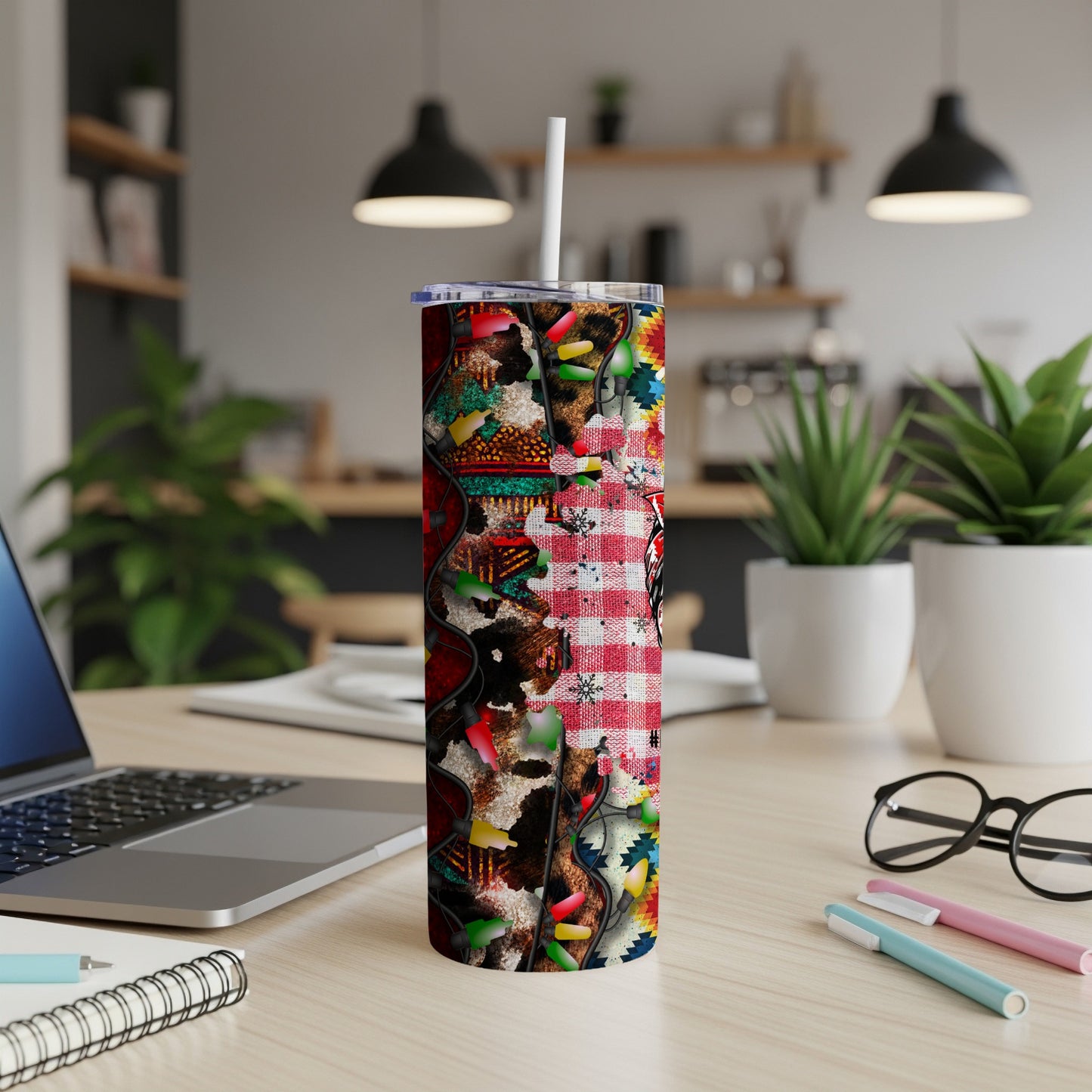 Red and white checkered tumbler with cow print and Christmas lights pattern.