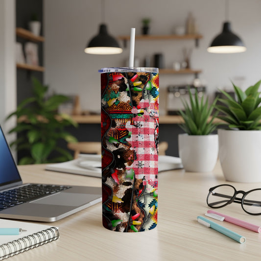 Red and white checkered tumbler with cow print and Christmas lights pattern.