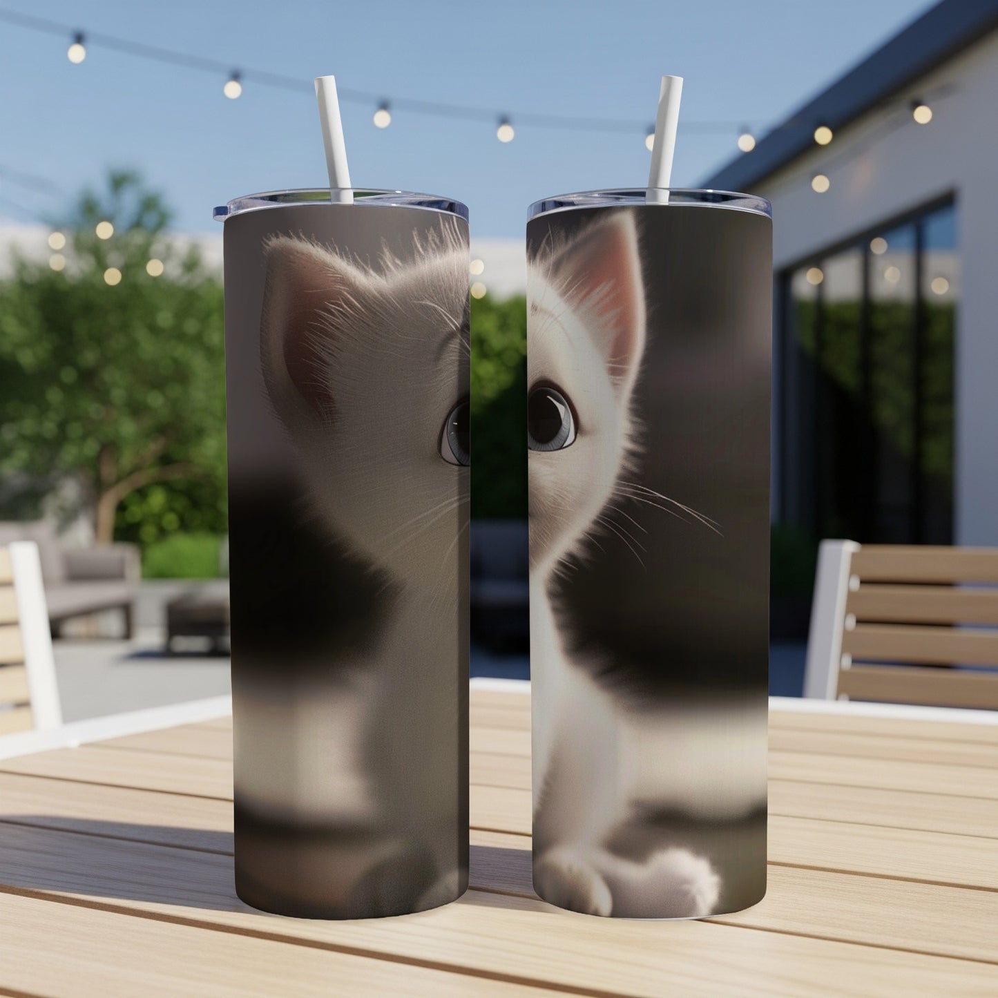 White kitten peeking out from behind a tumbler on an outdoor table.