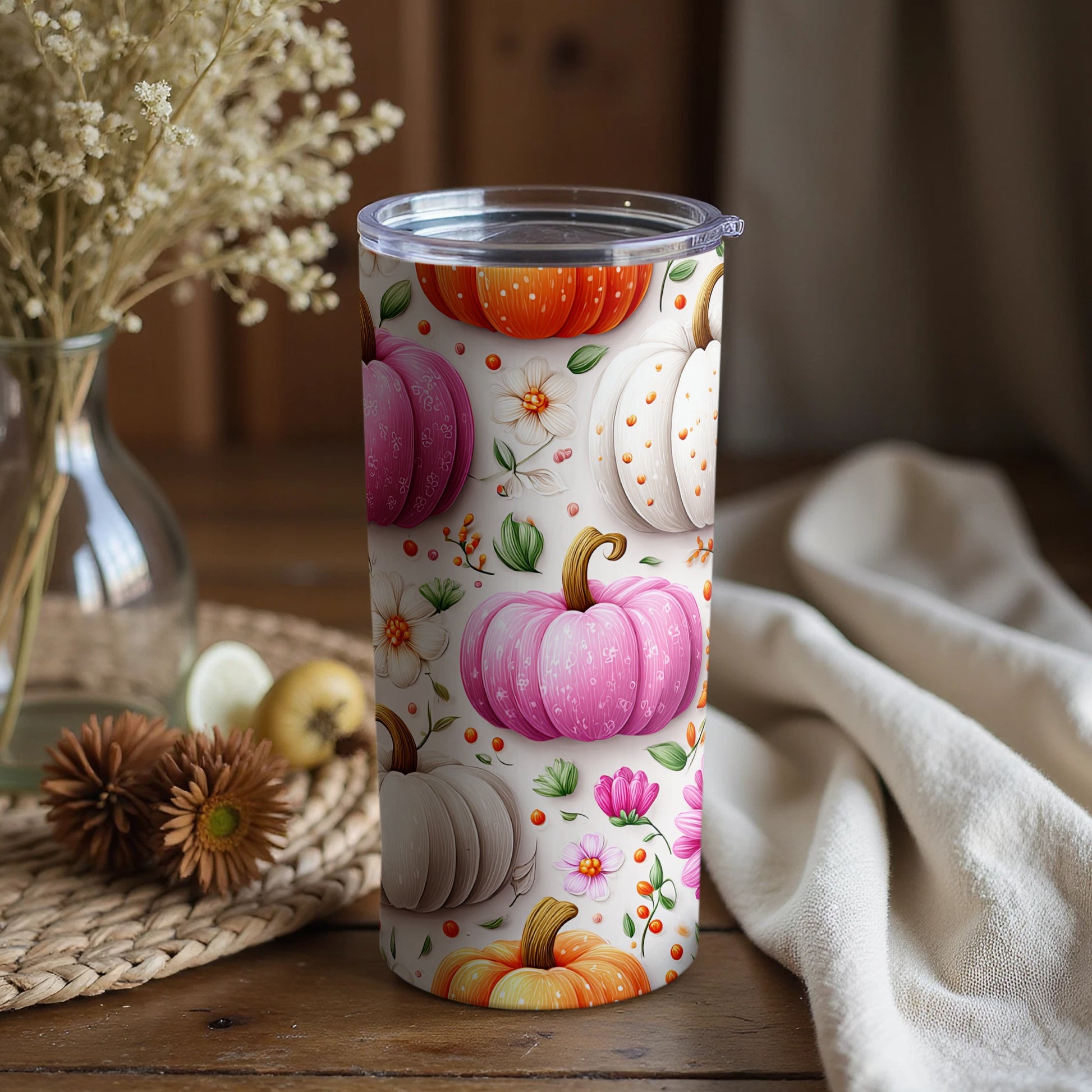 Colorful Pumpkin Design on Festive Travel Tumbler