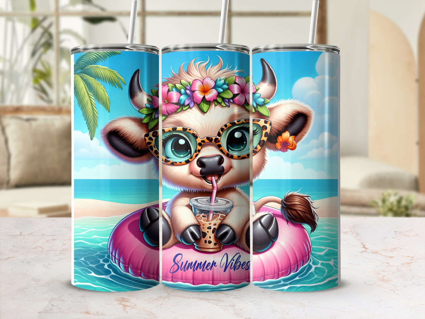 Cute cow with flowers on head and sunglasses floating on inner tube.