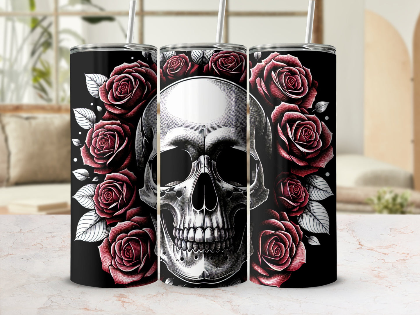 Black tumbler with a skull and red roses design.