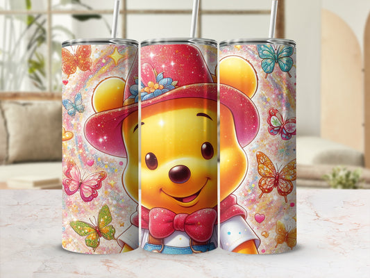 Vibrant Cartoon Bear With Butterflies Design tumbler