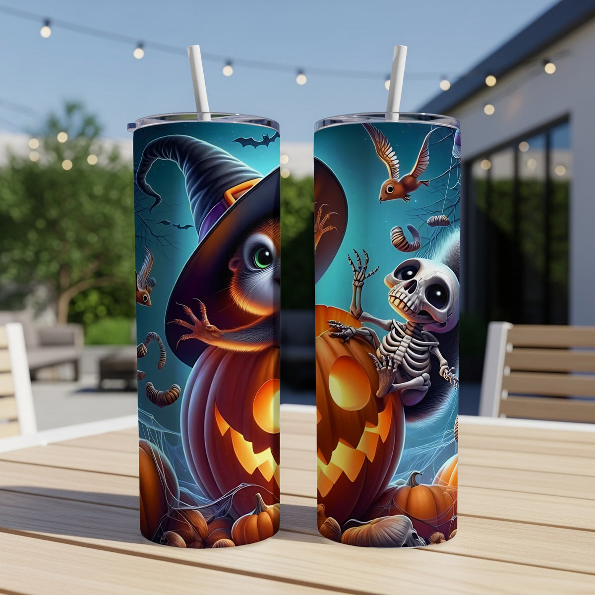 Halloween tumblers feature a witch squirrel and a skeleton with pumpkins and spooky elements.