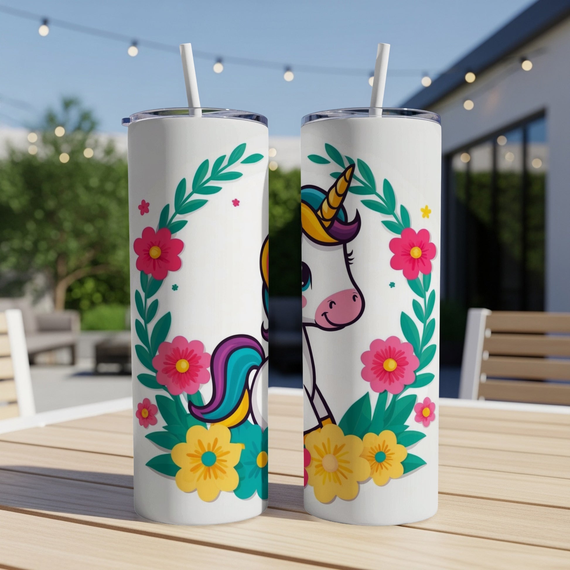 Two tumblers with a unicorn and floral wreath design.