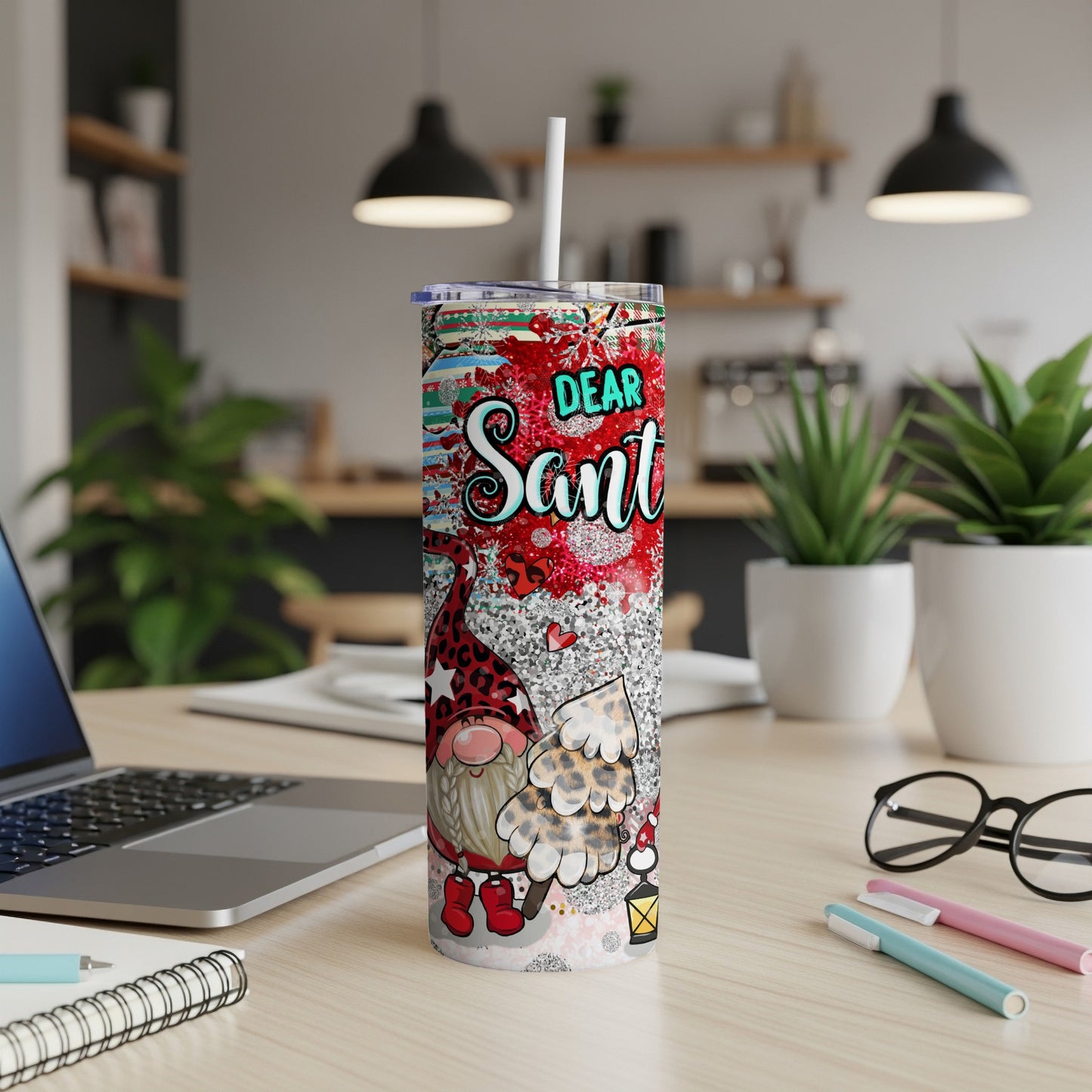 Christmas gnome tumbler with "Dear Santa" text and leopard print design.