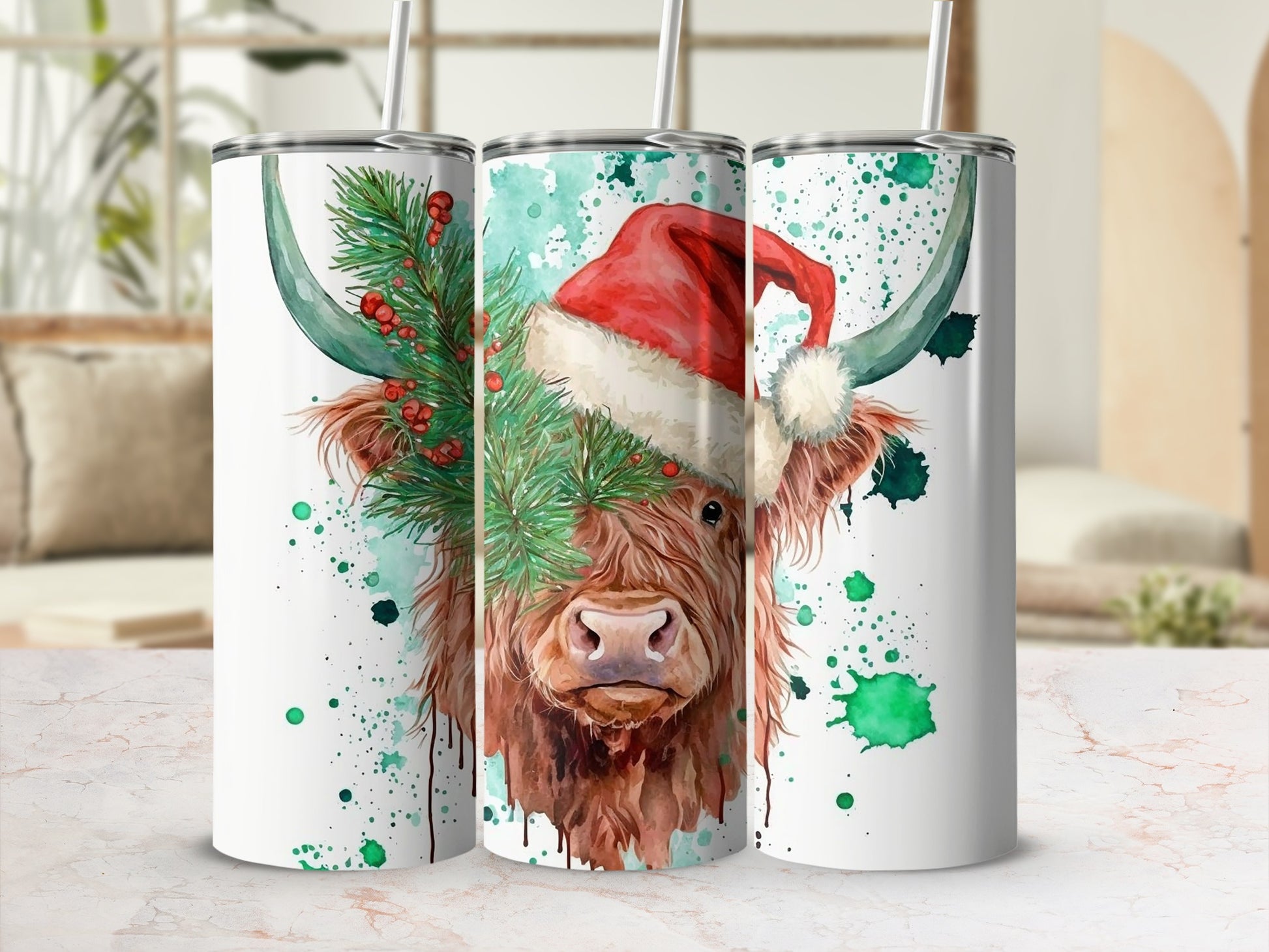 Highland cow wearing a Santa hat with pine branches, Christmas design.