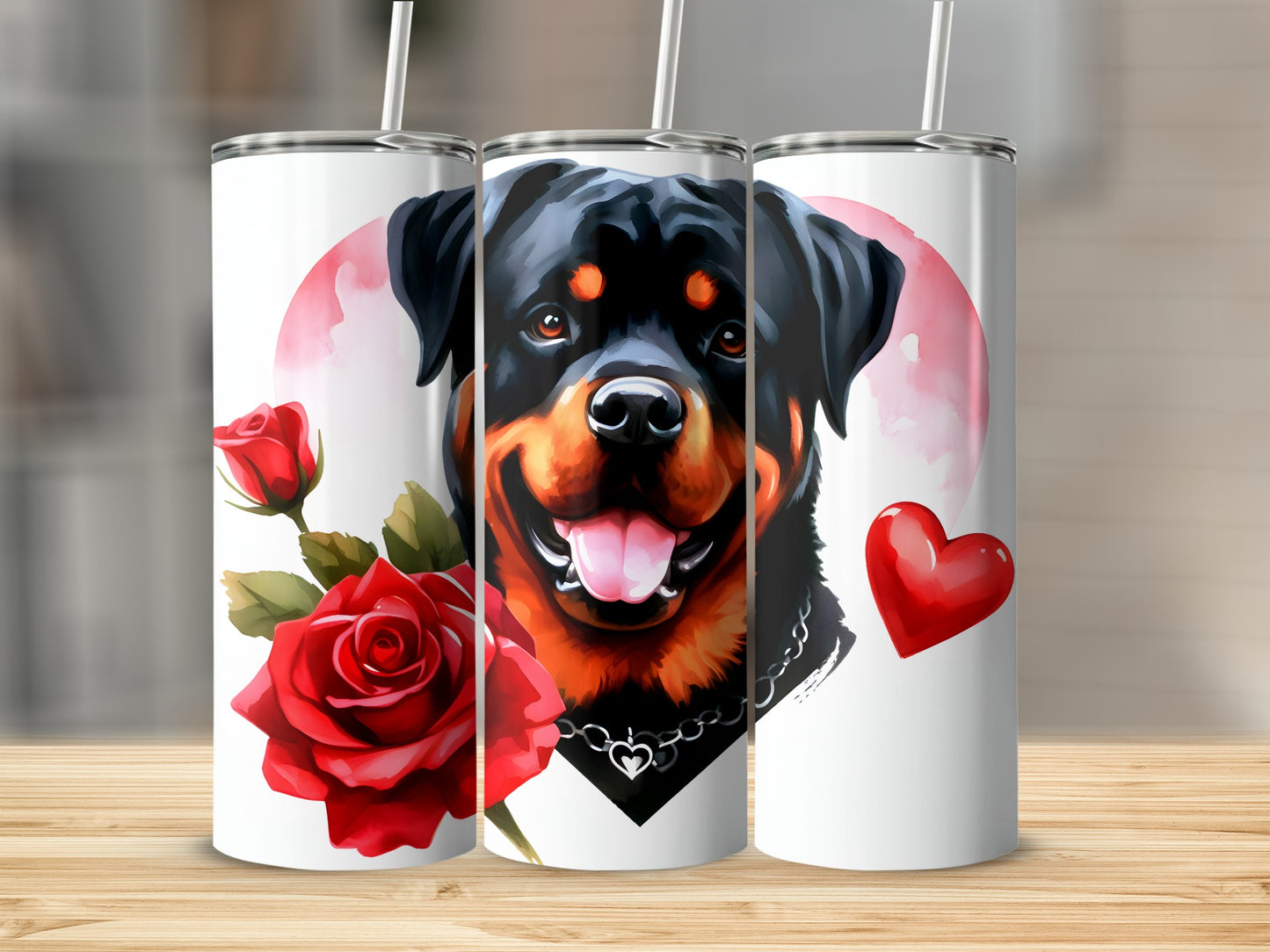 Rottweiler with red roses and hearts design on three tumblers.