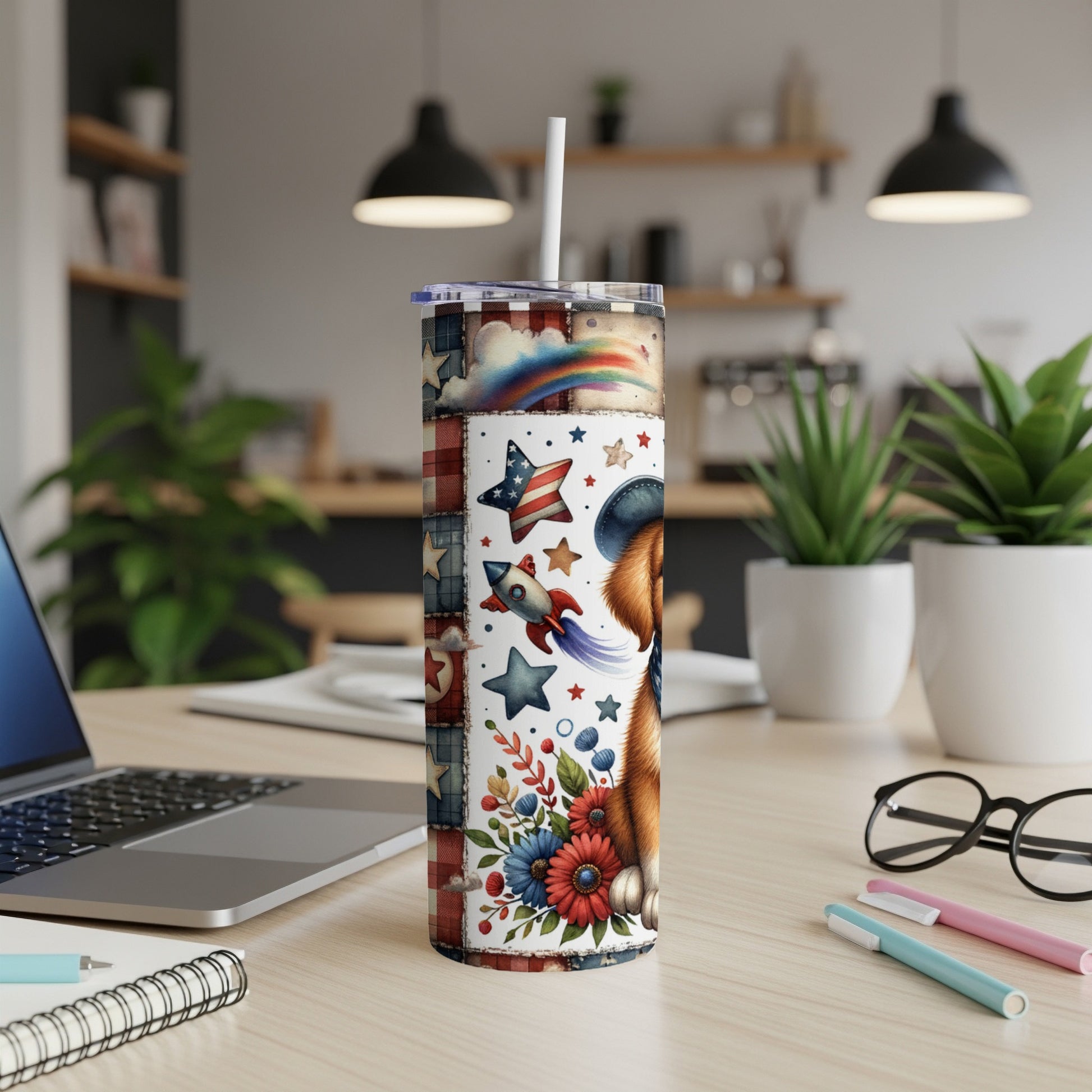 Red, white, and blue patriotic tumbler with dog, rockets, and stars.