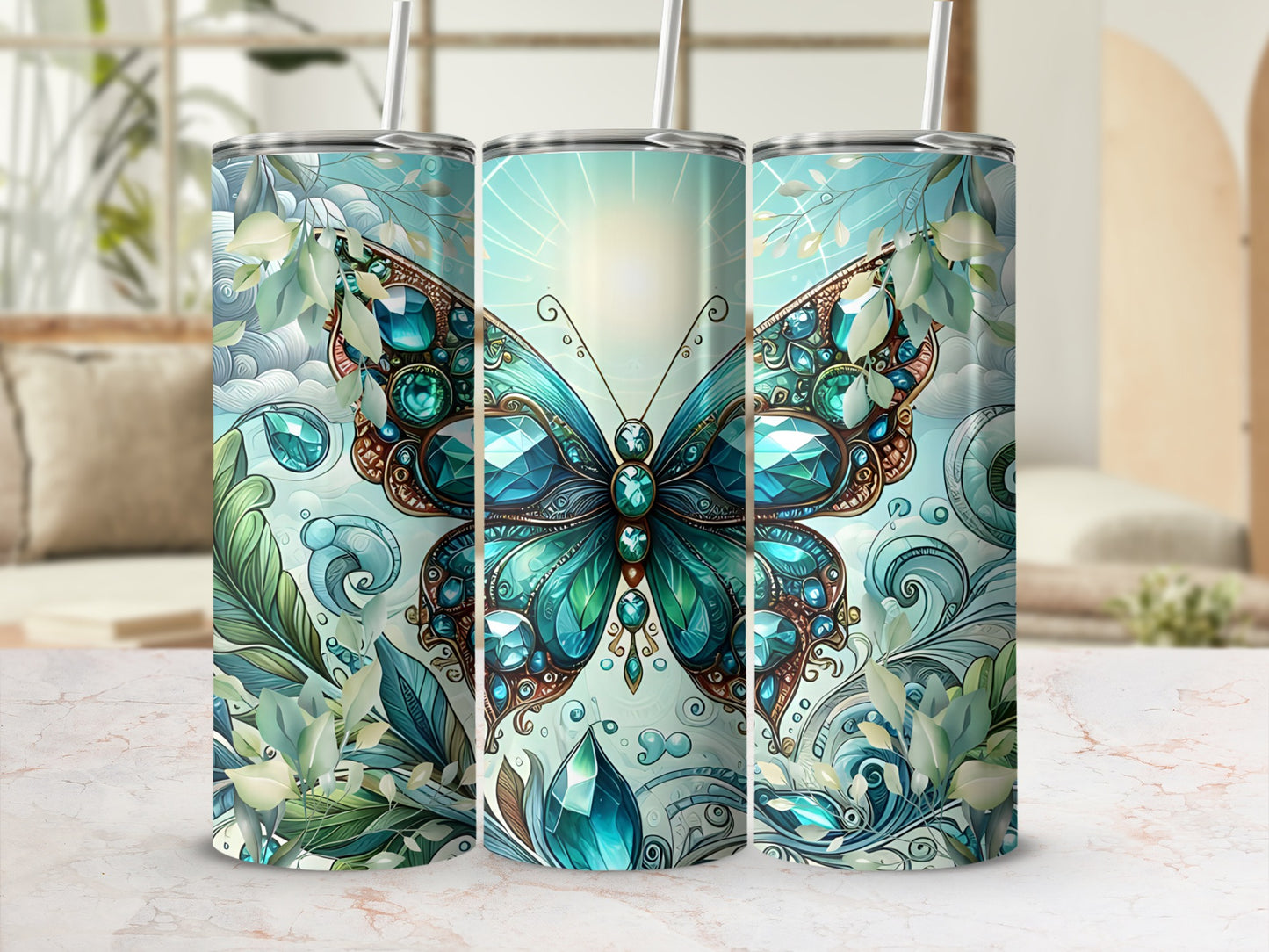Jeweled teal butterfly on a floral patterned tumbler.
