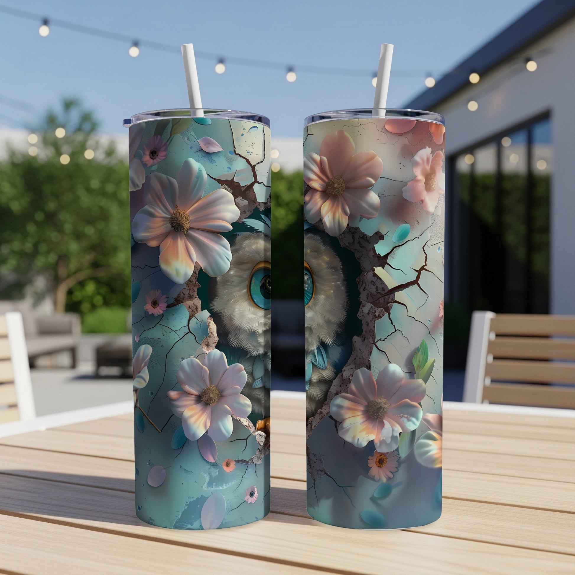 Two tumblers with floral and cracked texture designs featuring an owl's eye.