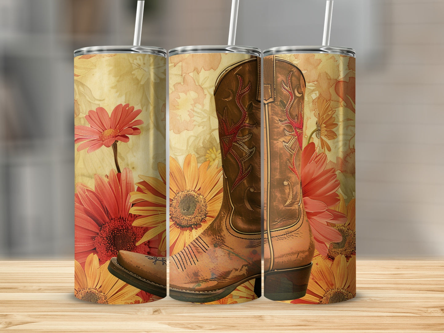 Cowboy boot with floral pattern on tumbler mockup.