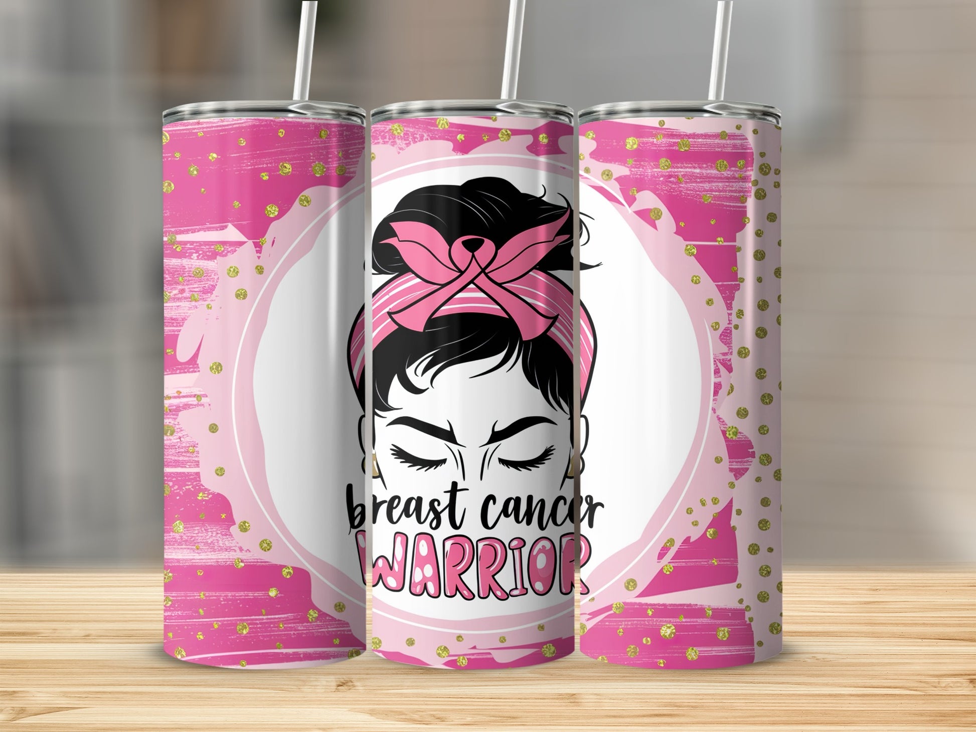 Pink tumbler with "Breast Cancer Warrior" text and a woman's silhouette.