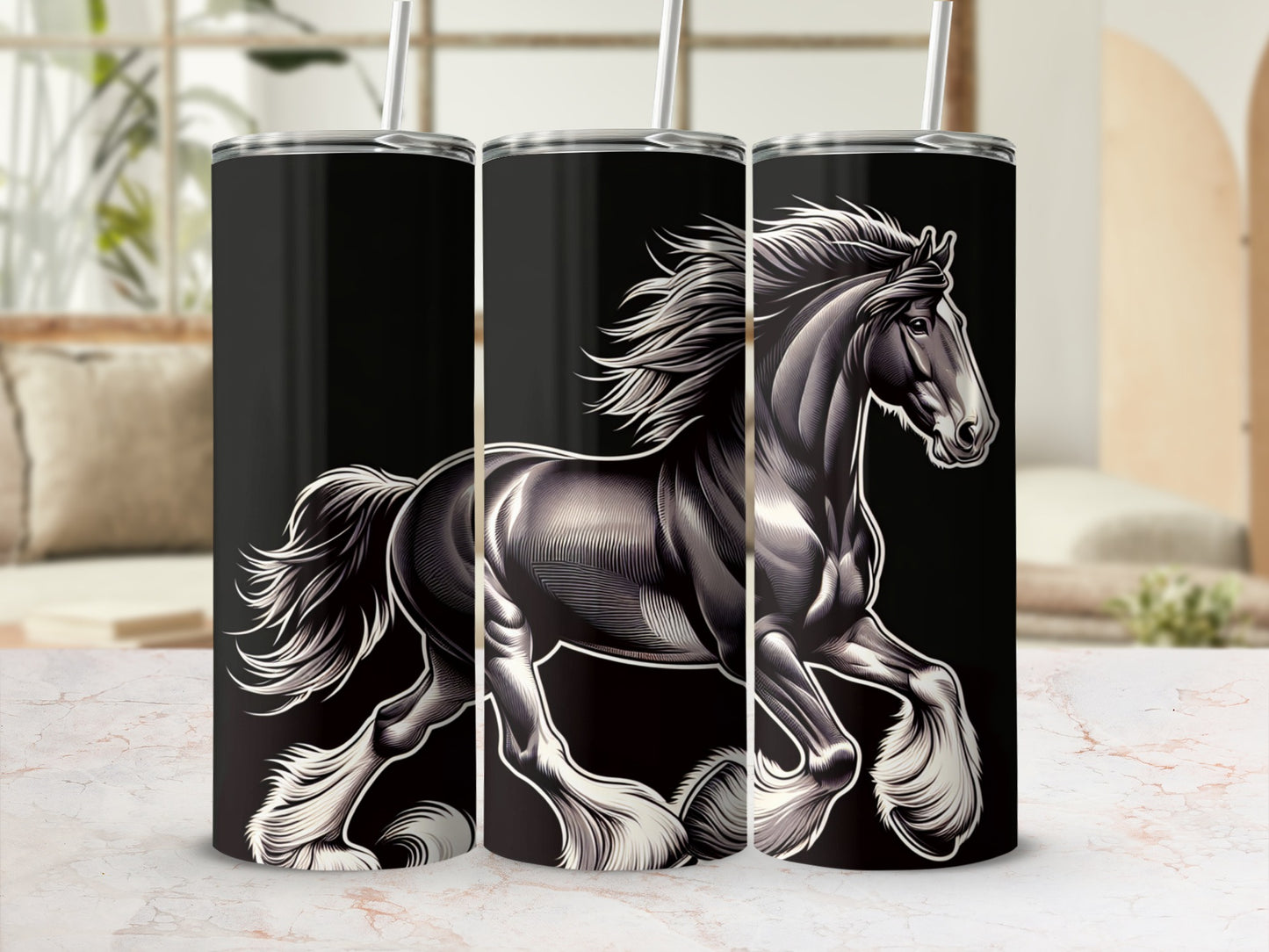 Black horse with flowing mane and tail on a tumbler.