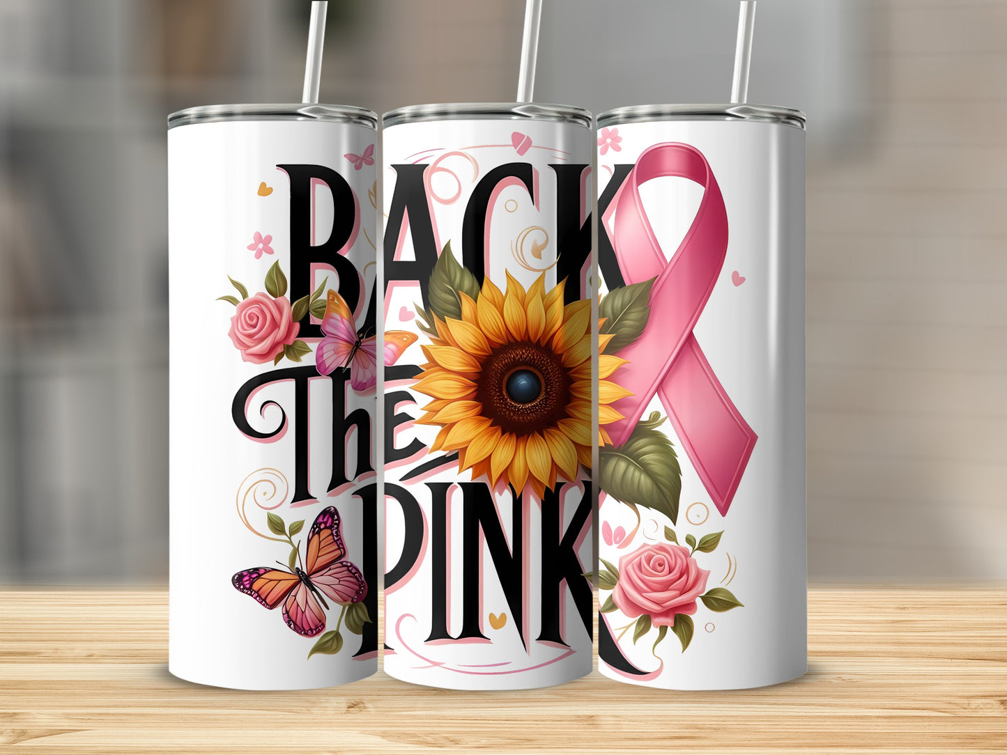 Tumbler with "Back the Pink" text, sunflower, roses, and butterflies.