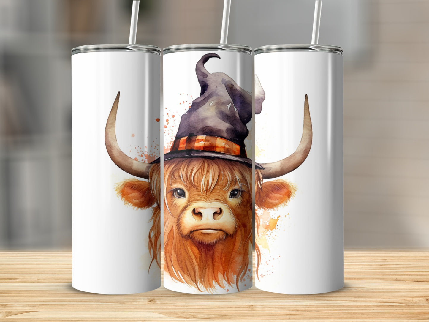 Highland cow in witch hat, watercolor illustration on a white tumbler.