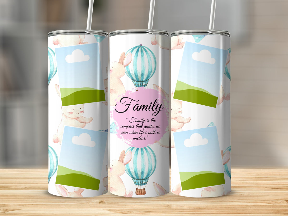 Tumbler with watercolor bunnies, hot air balloons, and "Family" quote.