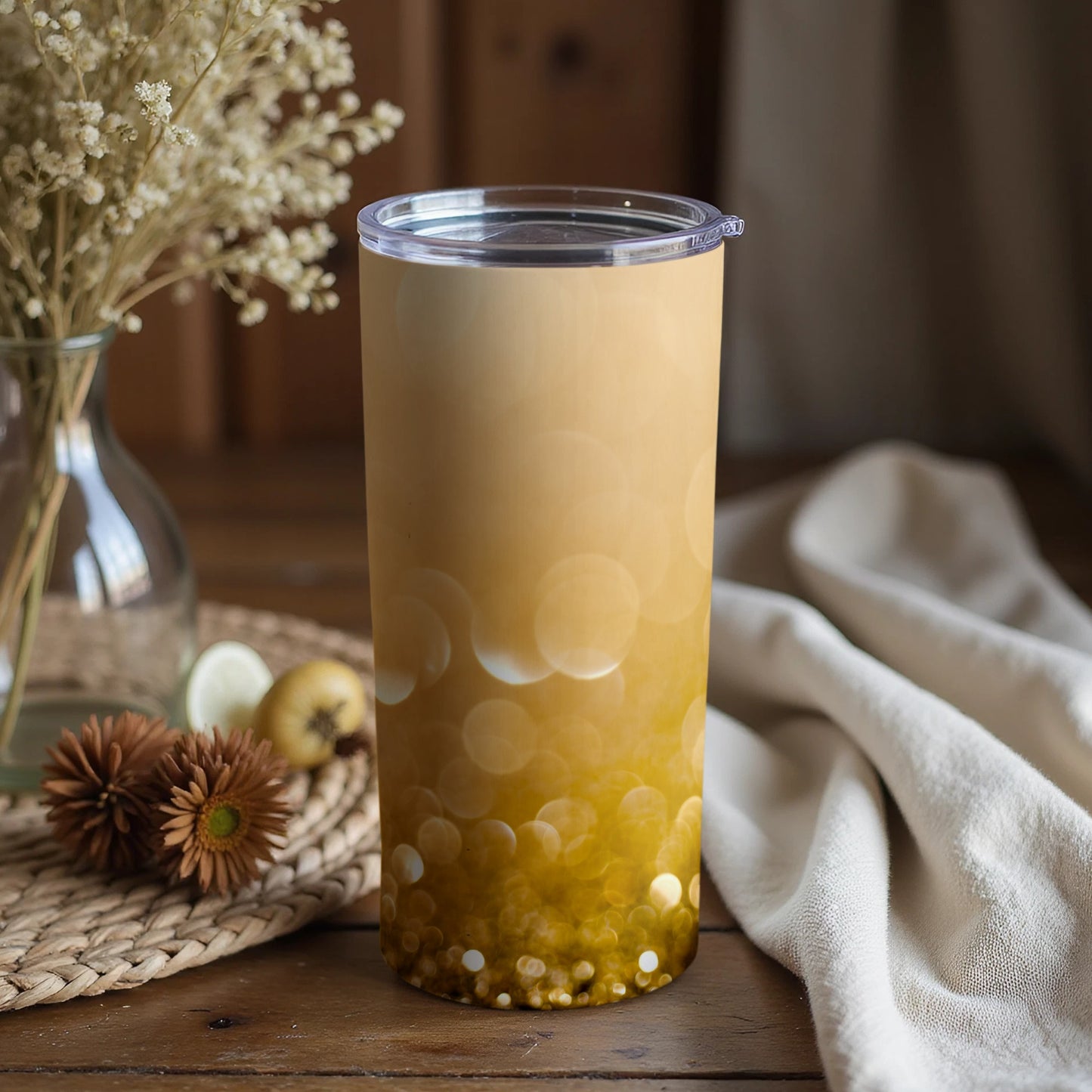 Elegant Golden Gradient Tumbler with Bokeh Effect