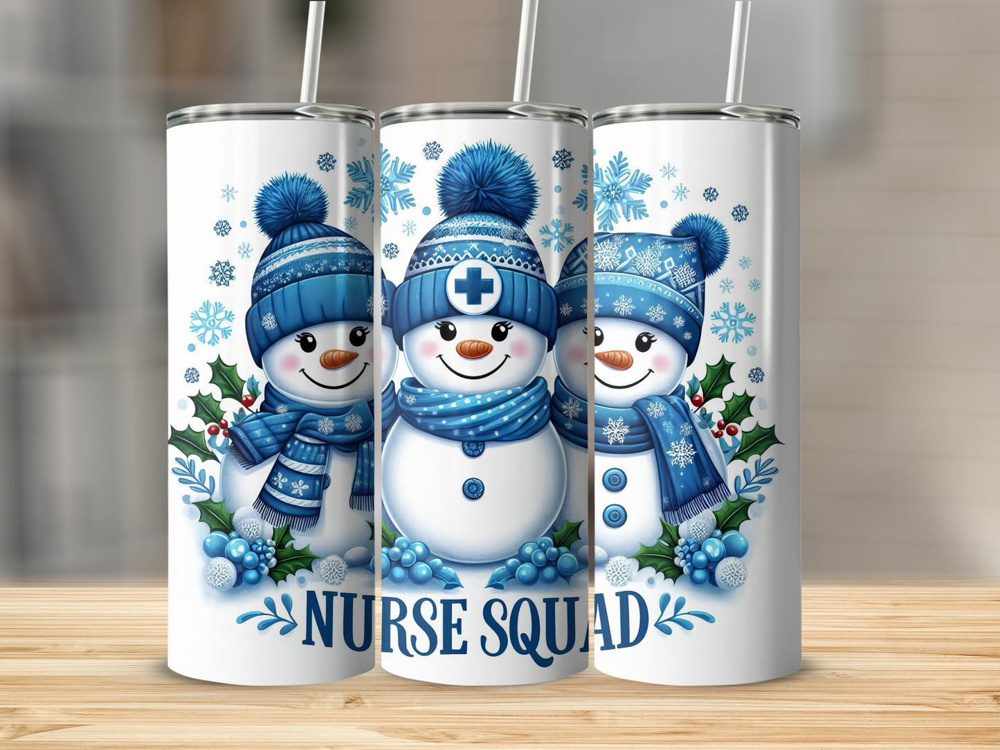Three snowmen in blue scarves and hats, with "Nurse Squad" text below.