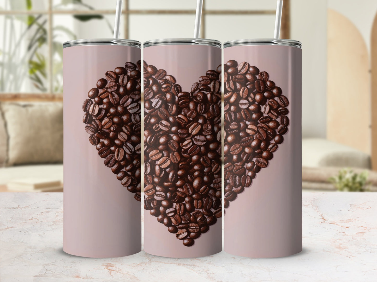 Three tumblers with heart-shaped coffee beans design on a pale pink background.