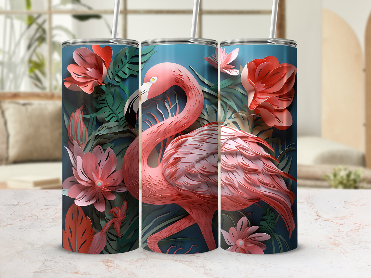 Pink flamingo and tropical flowers wrap design on three tumblers.