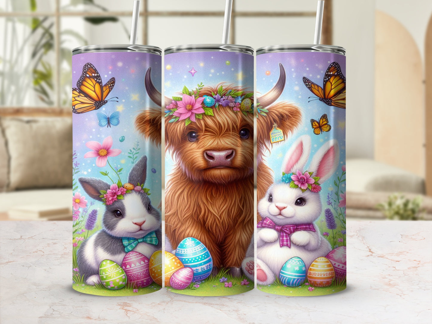 Easter highland cow, bunny, and butterflies on pastel speckled eggs.