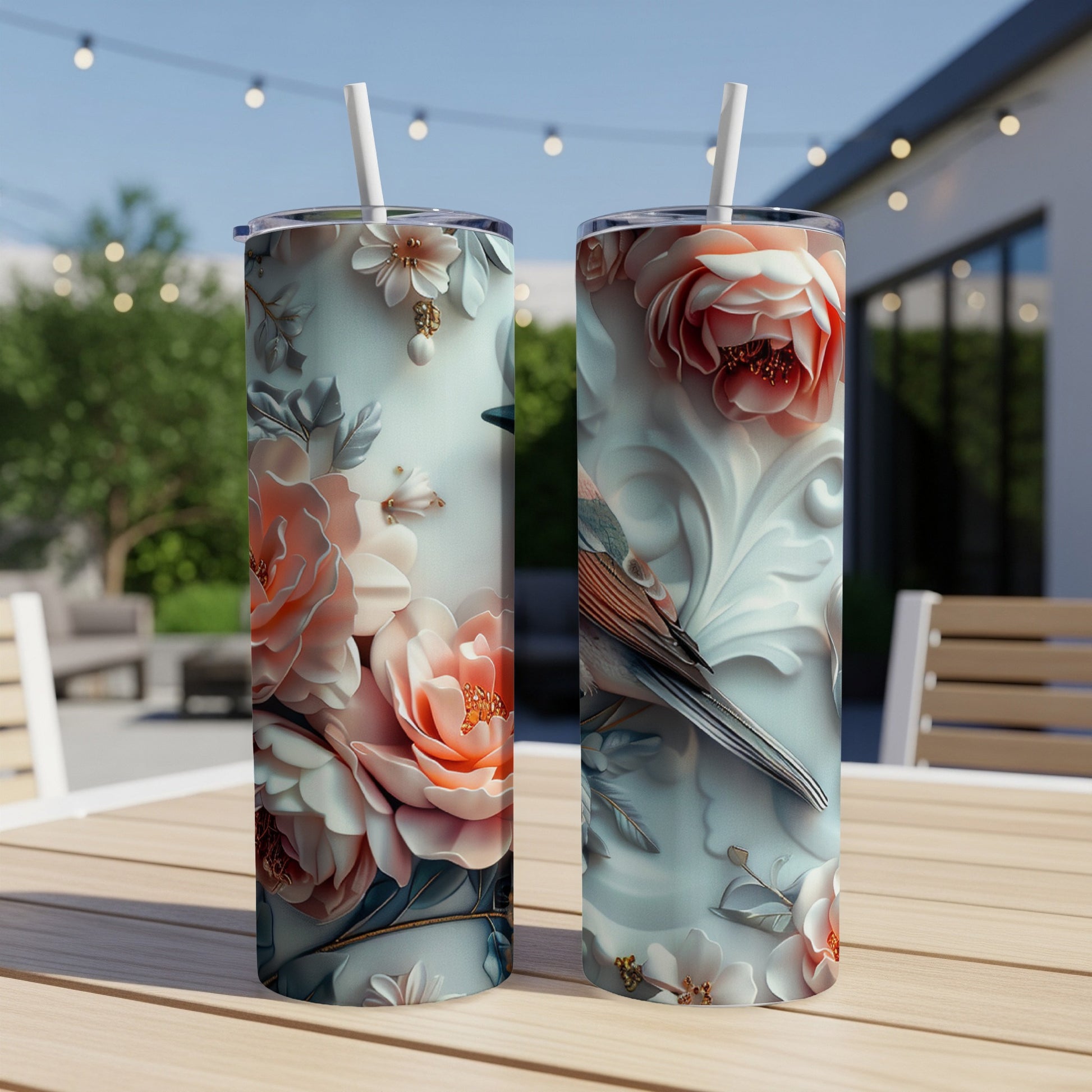 Two floral tumblers with birds, one with a straw, on a table.