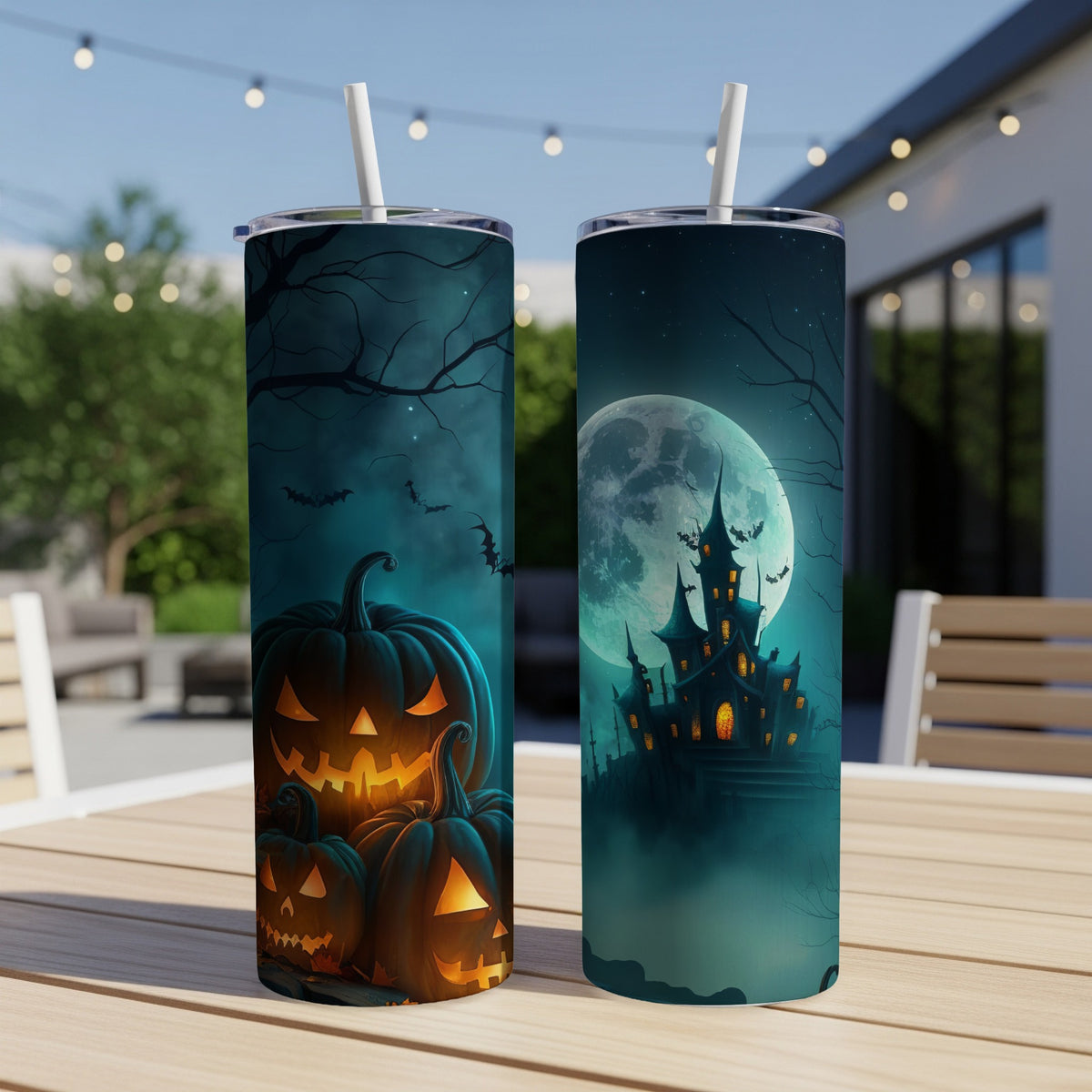 Two tumblers with Halloween designs featuring jack-o'-lanterns and a spooky castle under a full moon.