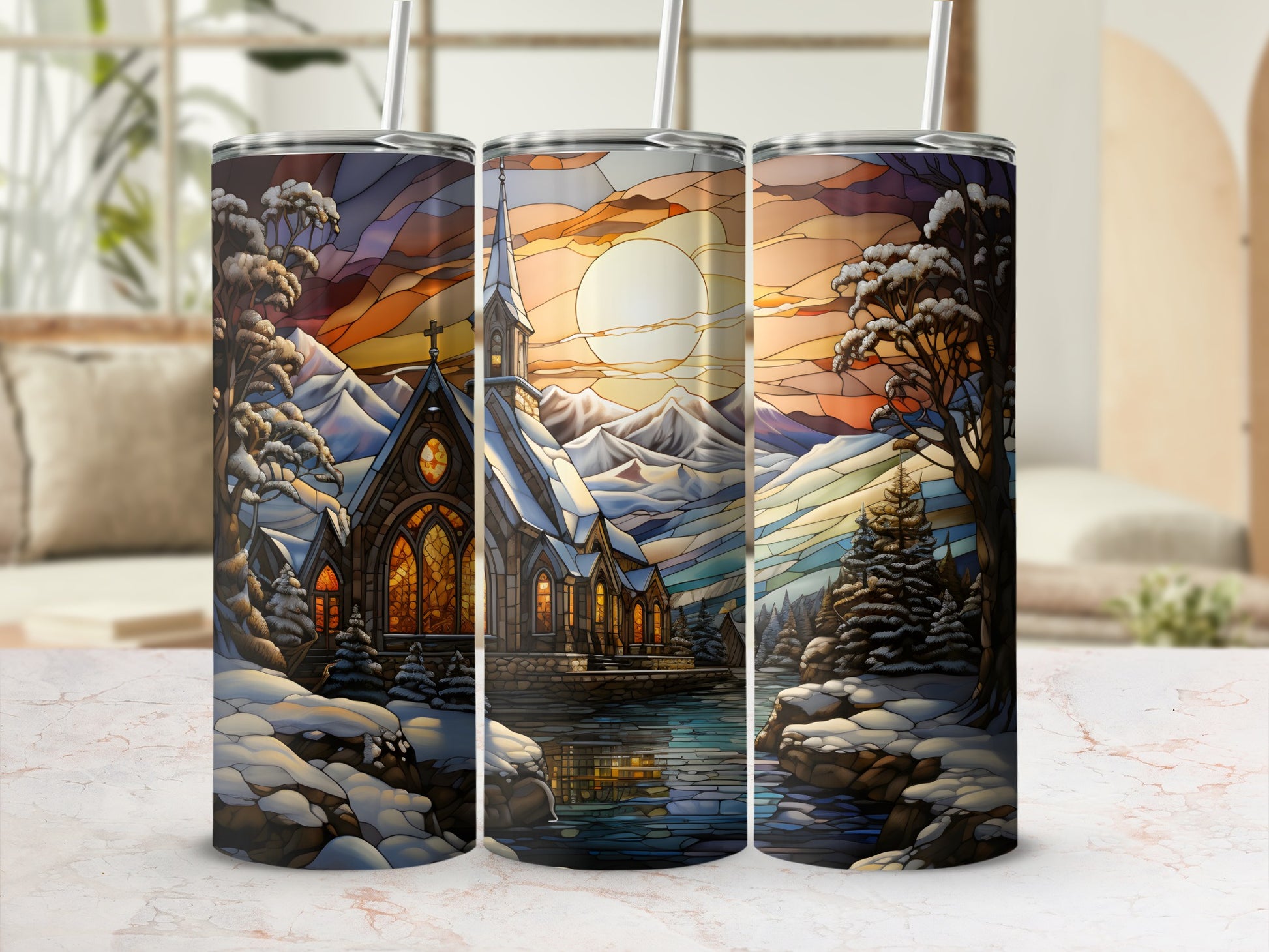 Three tumblers featuring a stained-glass-style winter church scene with snow and moon.