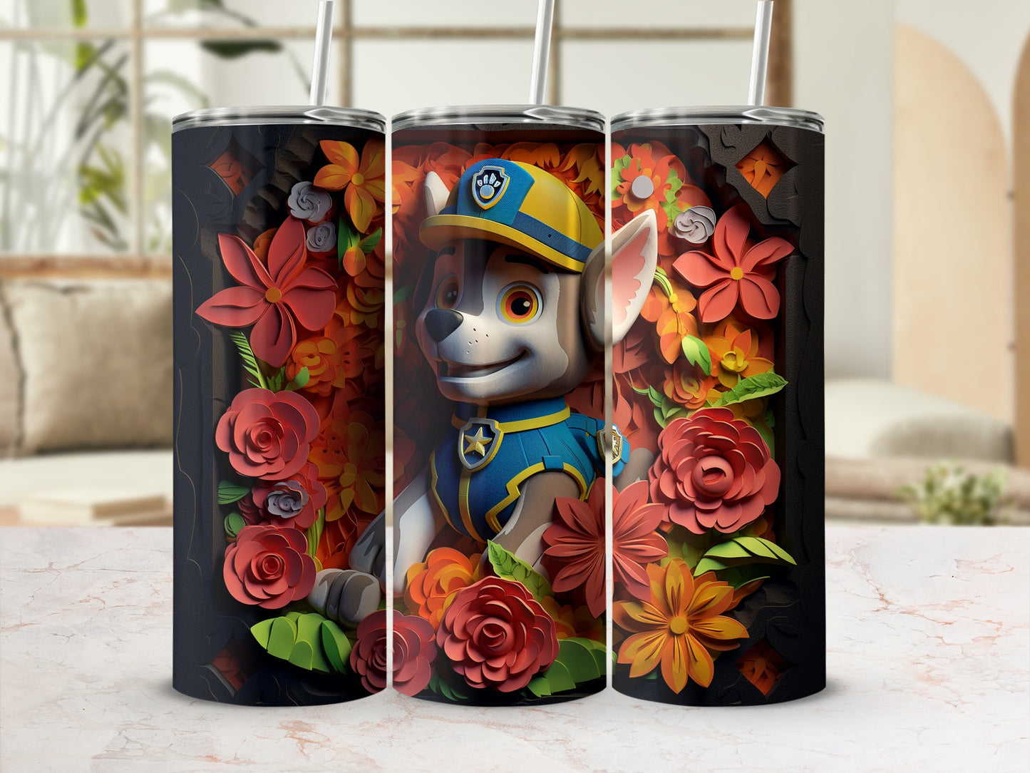 Adorable Floral Dog Character Print Tumbler Cup