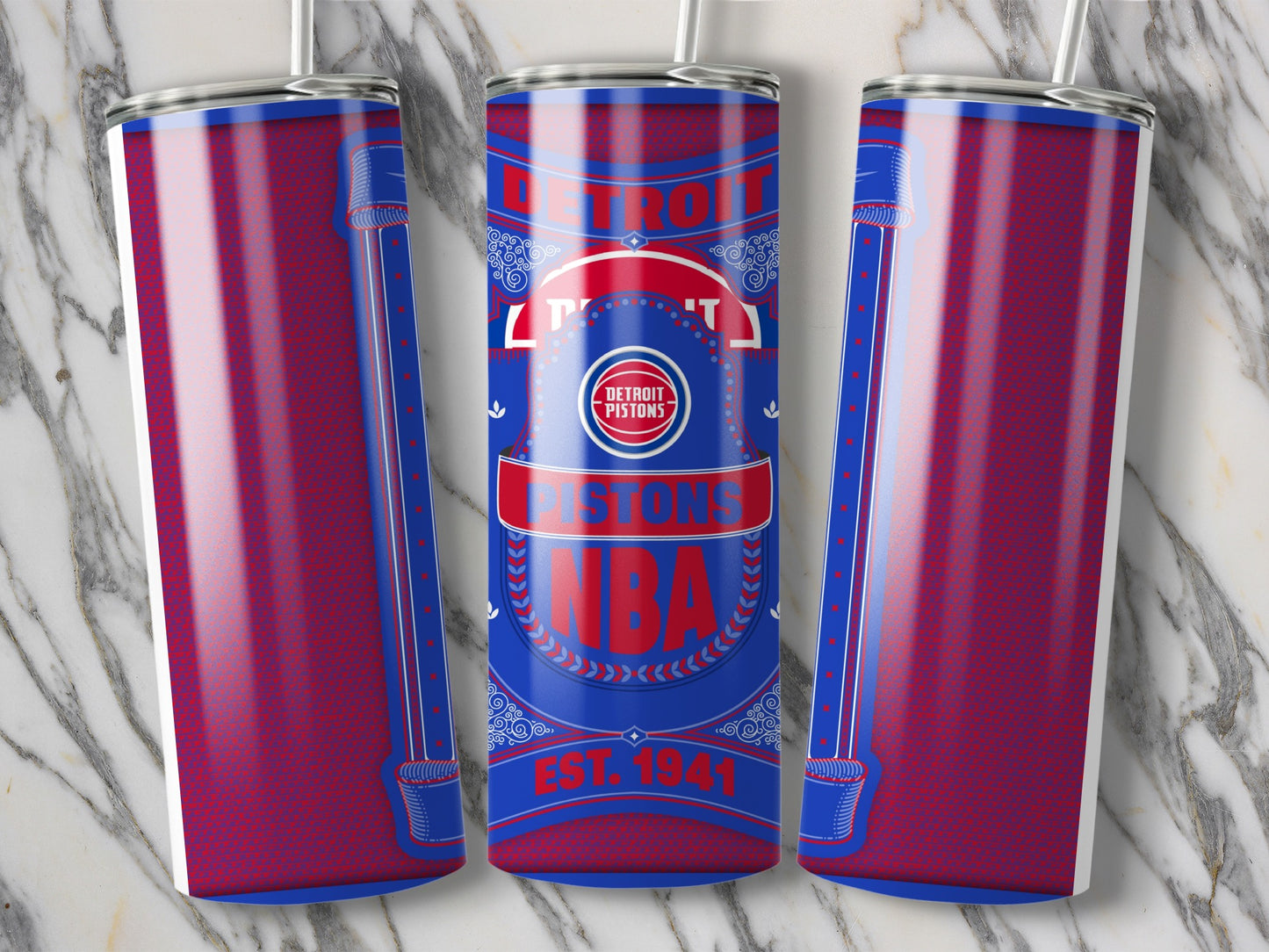 Detroit Pistons NBA EST 1941 Blue And Red Design Tumbler