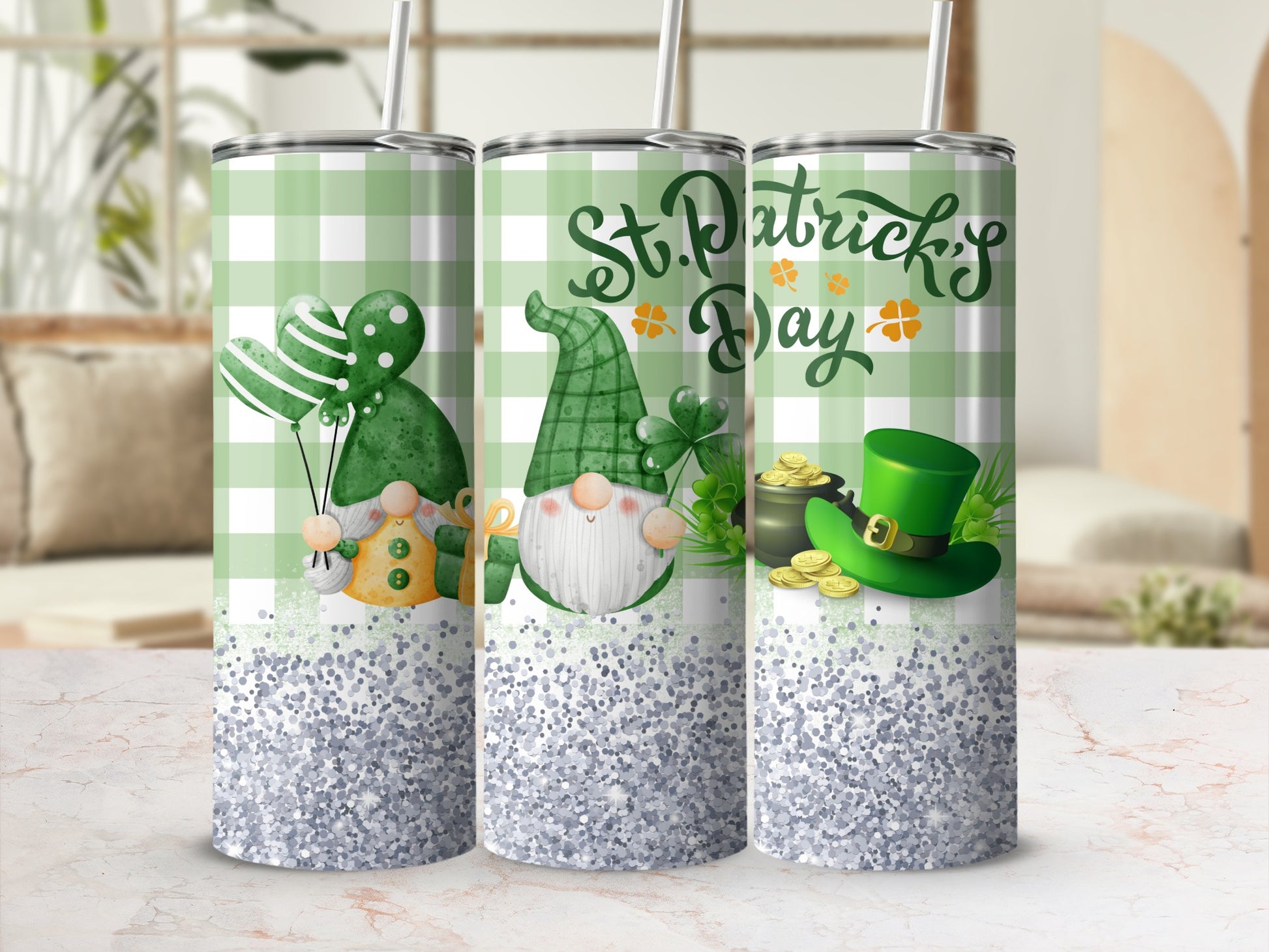 St. Patrick's Day gnomes with shamrocks and a leprechaun hat on a glittery tumbler.