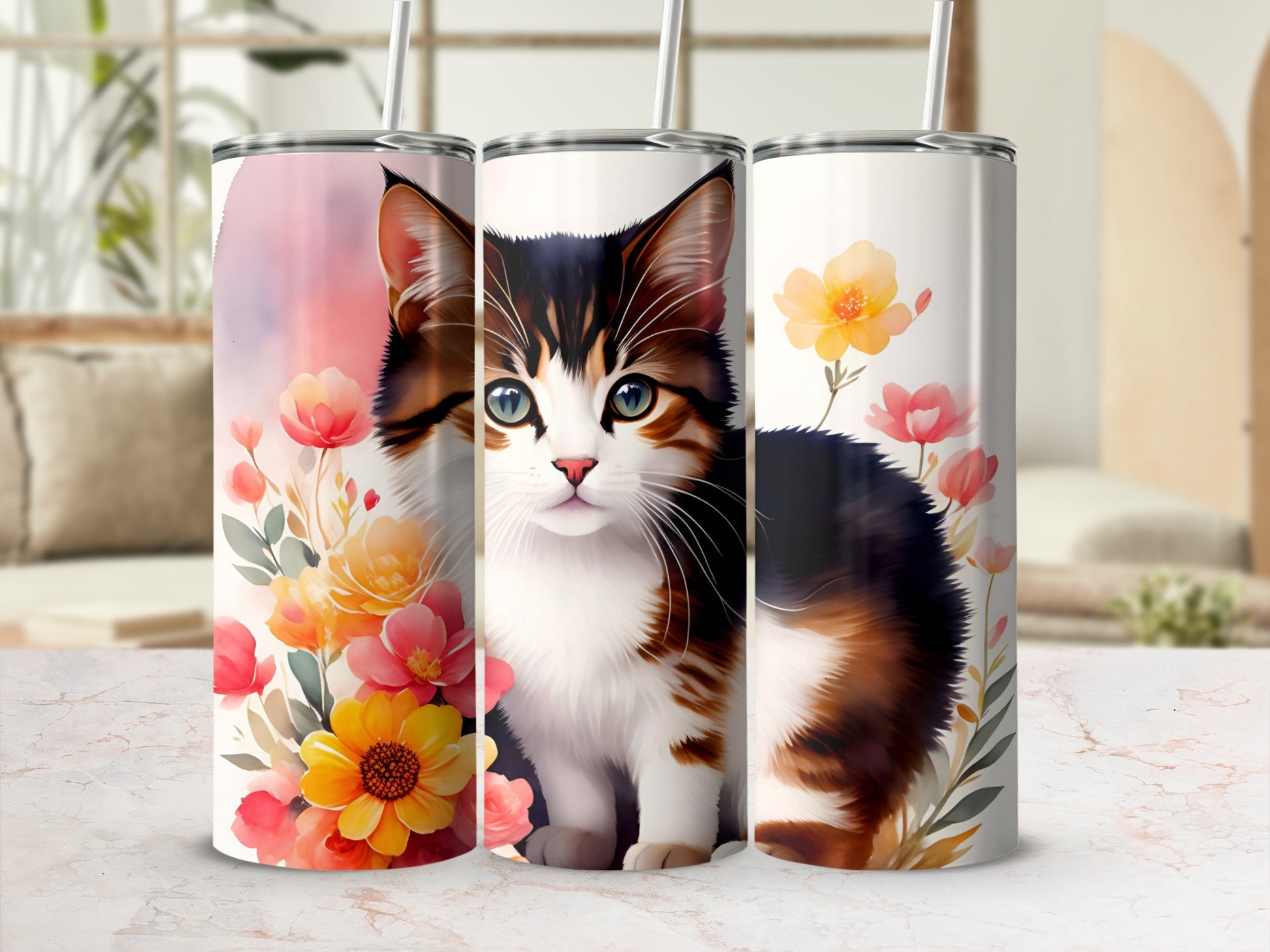 Cat with floral accents on a tumbler.