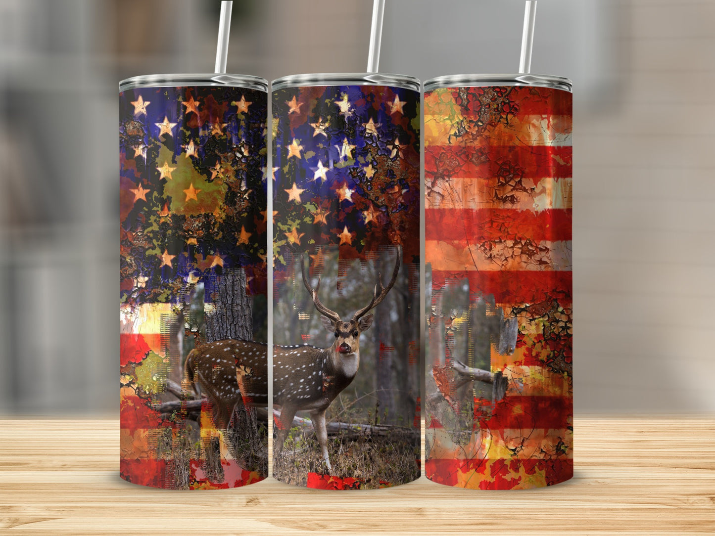 Deer and distressed American flag design on three tumblers.