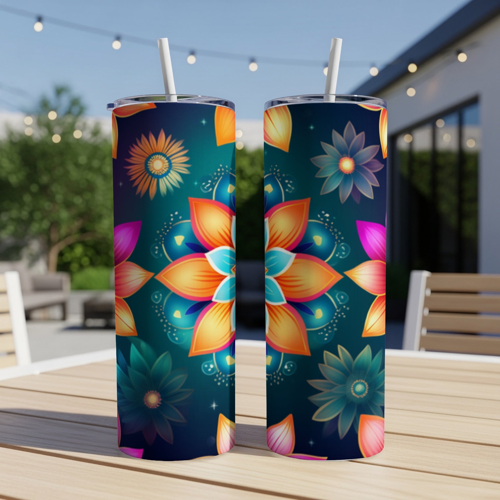 Two tumblers with a floral mandala pattern on a wooden table outdoors.