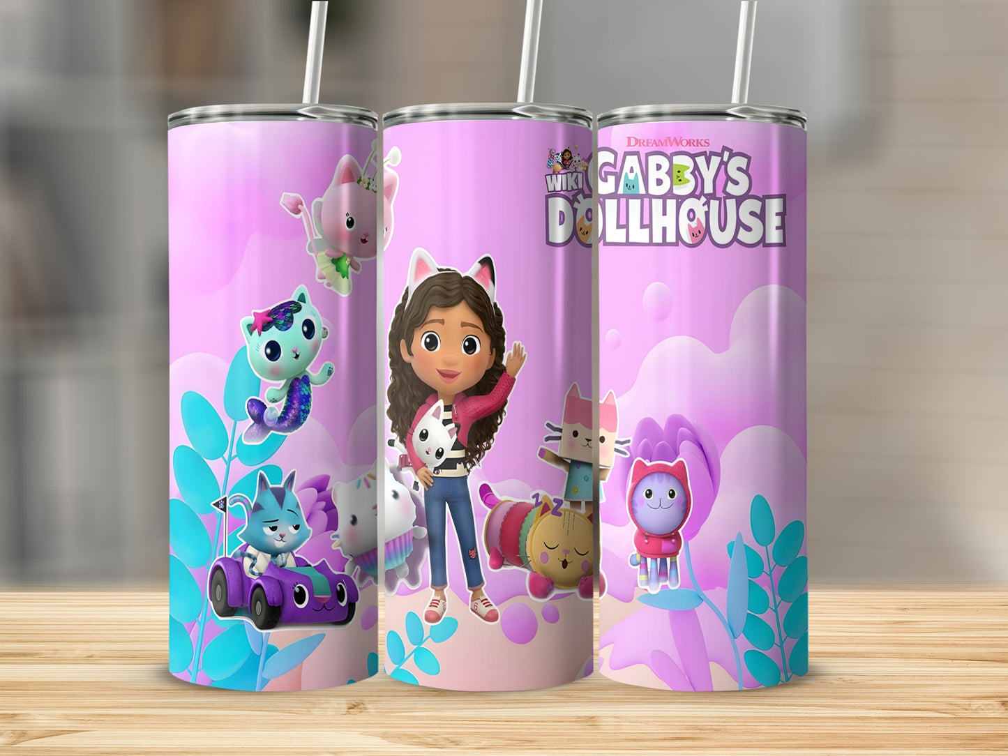 Gabby's Dollhouse tumbler featuring Gabby and her cat friends with playful pastel backgrounds.