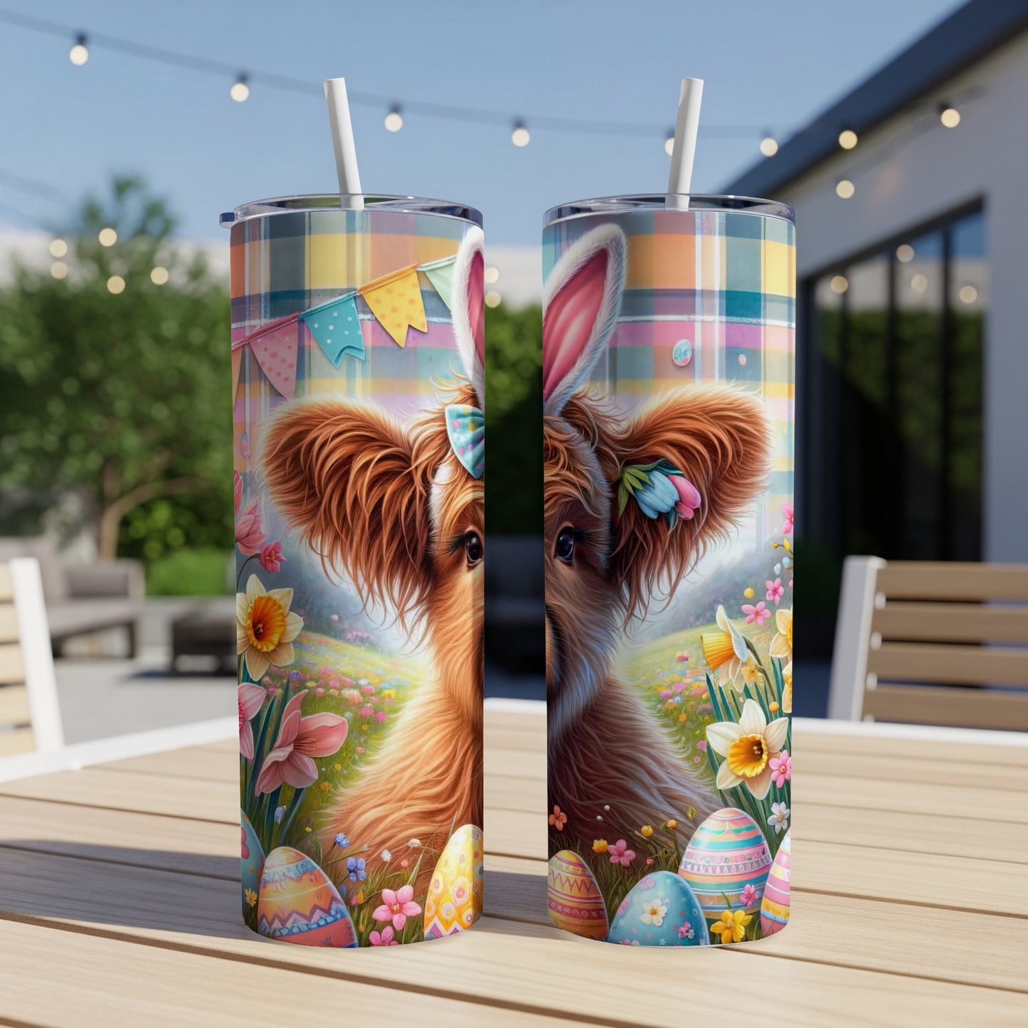 Fluffy Highland cow with bunny ears and Easter eggs on a tumbler.