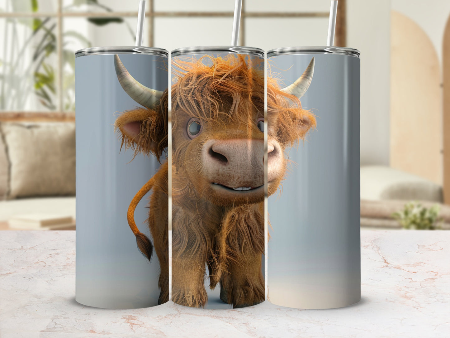 Cartoon Highland cow on a tumbler with straws.
