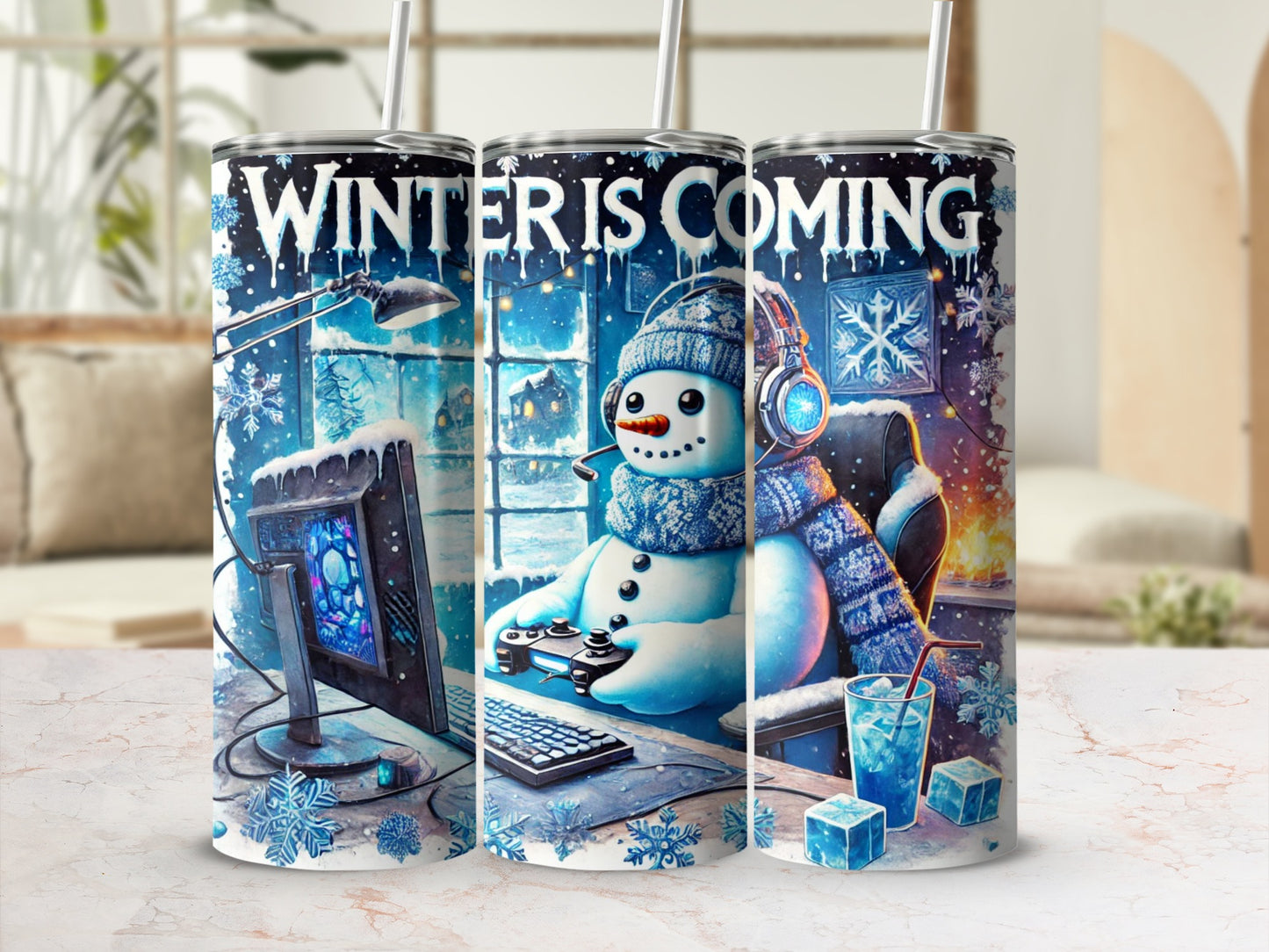 Snowman gaming on computer with headphones, "Winter is Coming" text.