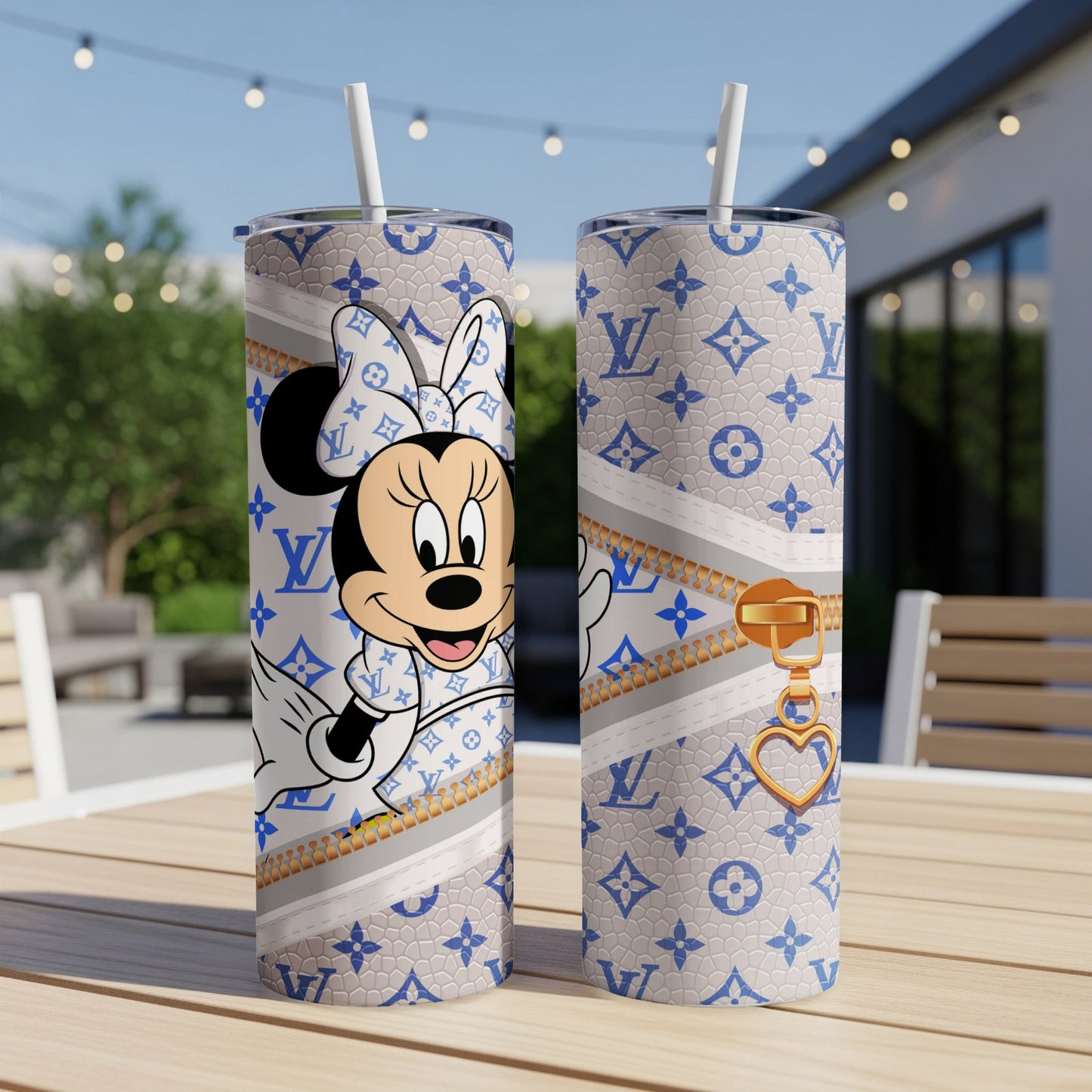 Minnie Mouse in a Louis Vuitton-inspired print on a blue and white tumbler.