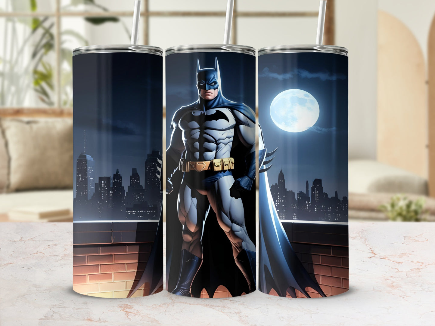Batman standing on a rooftop in front of a city skyline under a full moon.