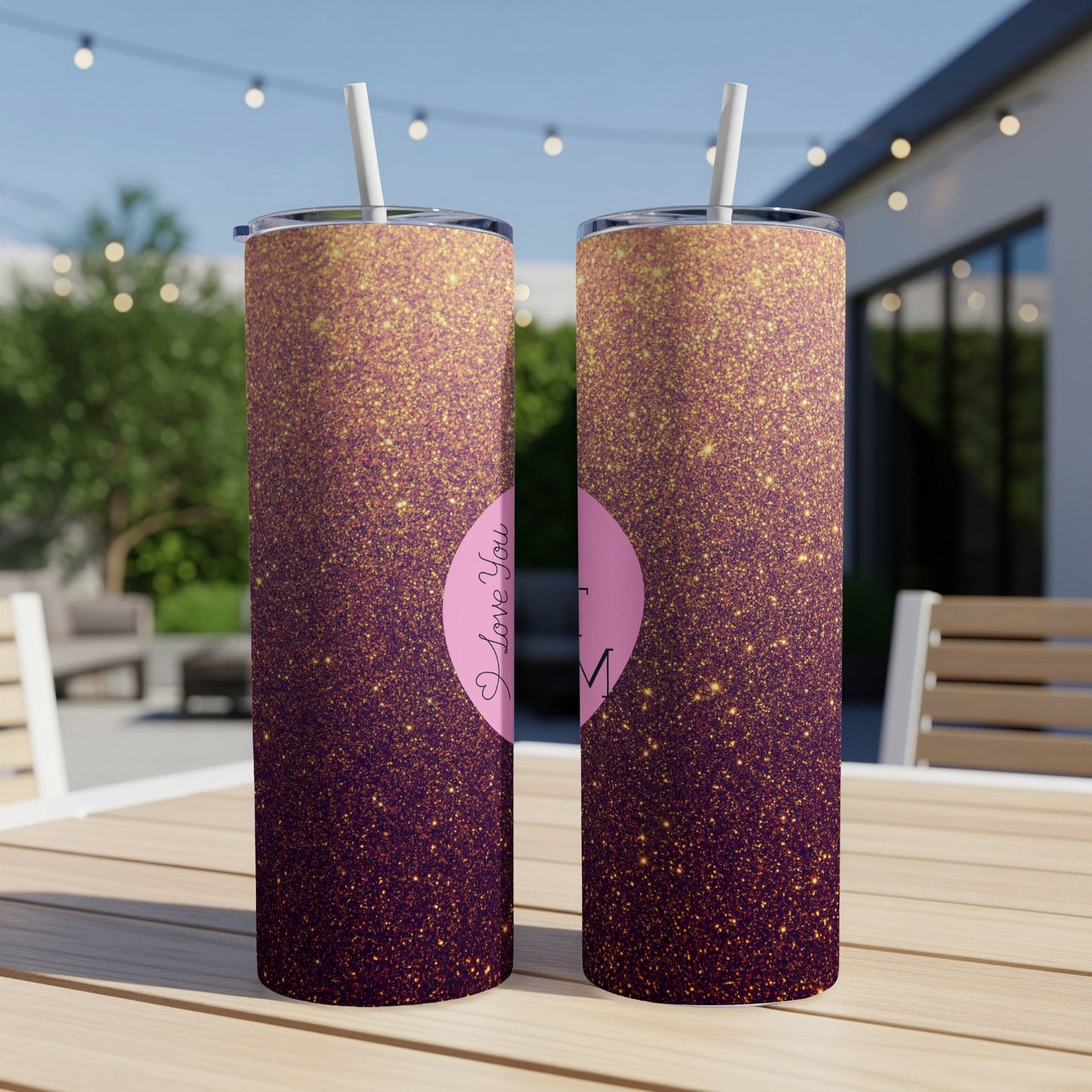 Two tumblers with pink glitter gradient and "I love you Mom" text.