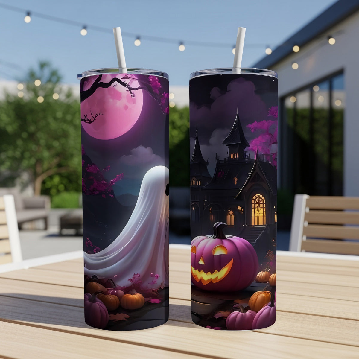 Two tumblers feature Halloween scenes with a ghost and a haunted house.