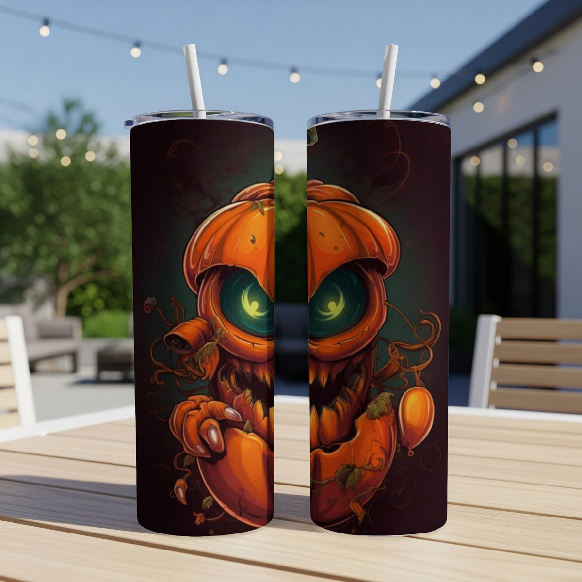 Two tumblers featuring a spooky jack-o'-lantern with glowing green eyes.