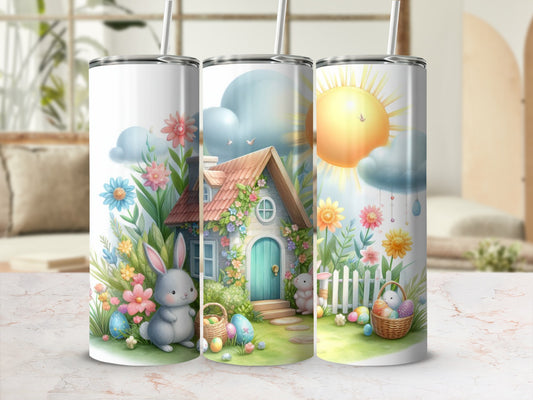 Easter scene with bunnies, baskets, and a house on a tumbler wrap.