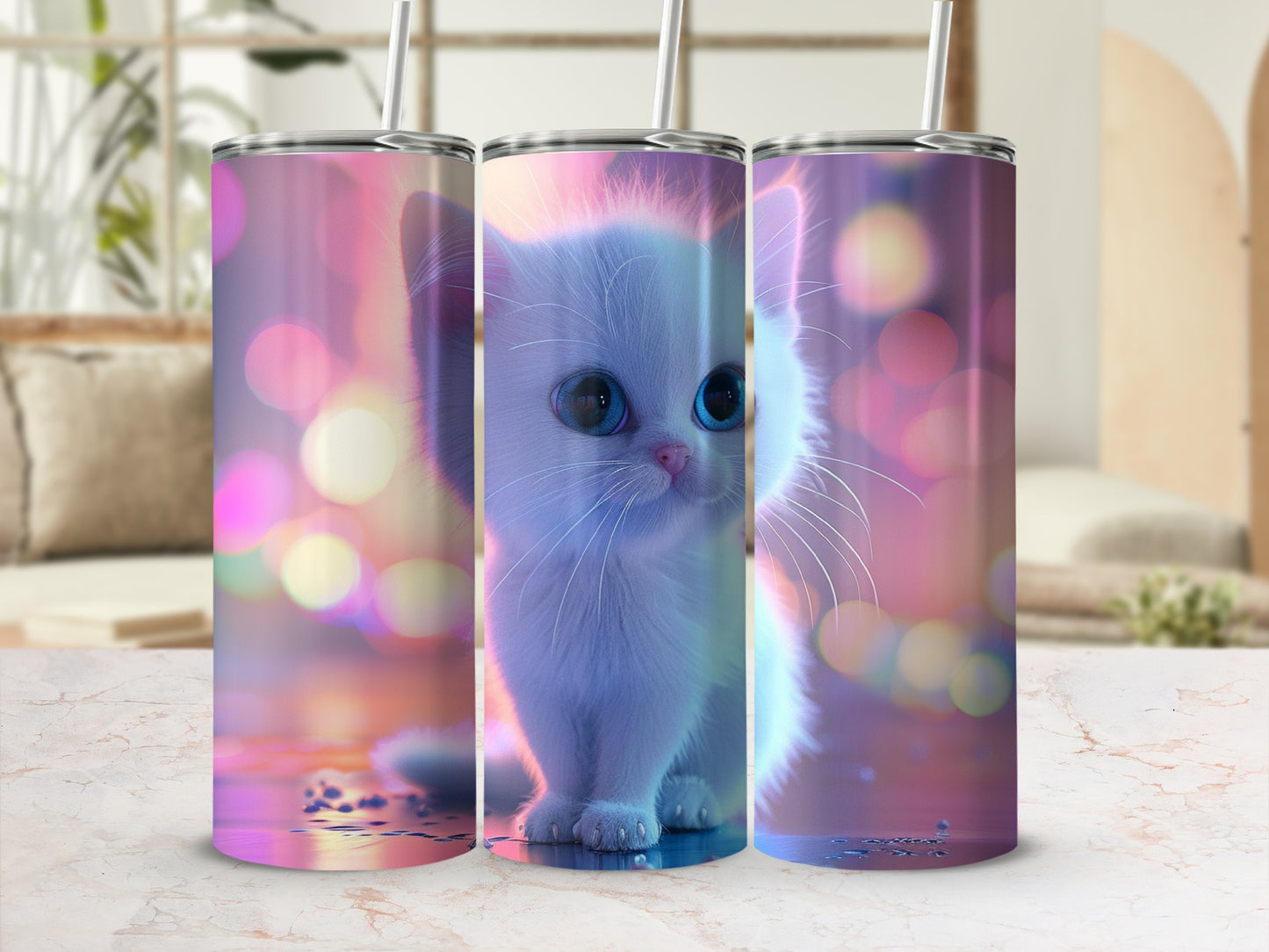 White kitten with blue eyes on a colorful, bokeh-lit background.