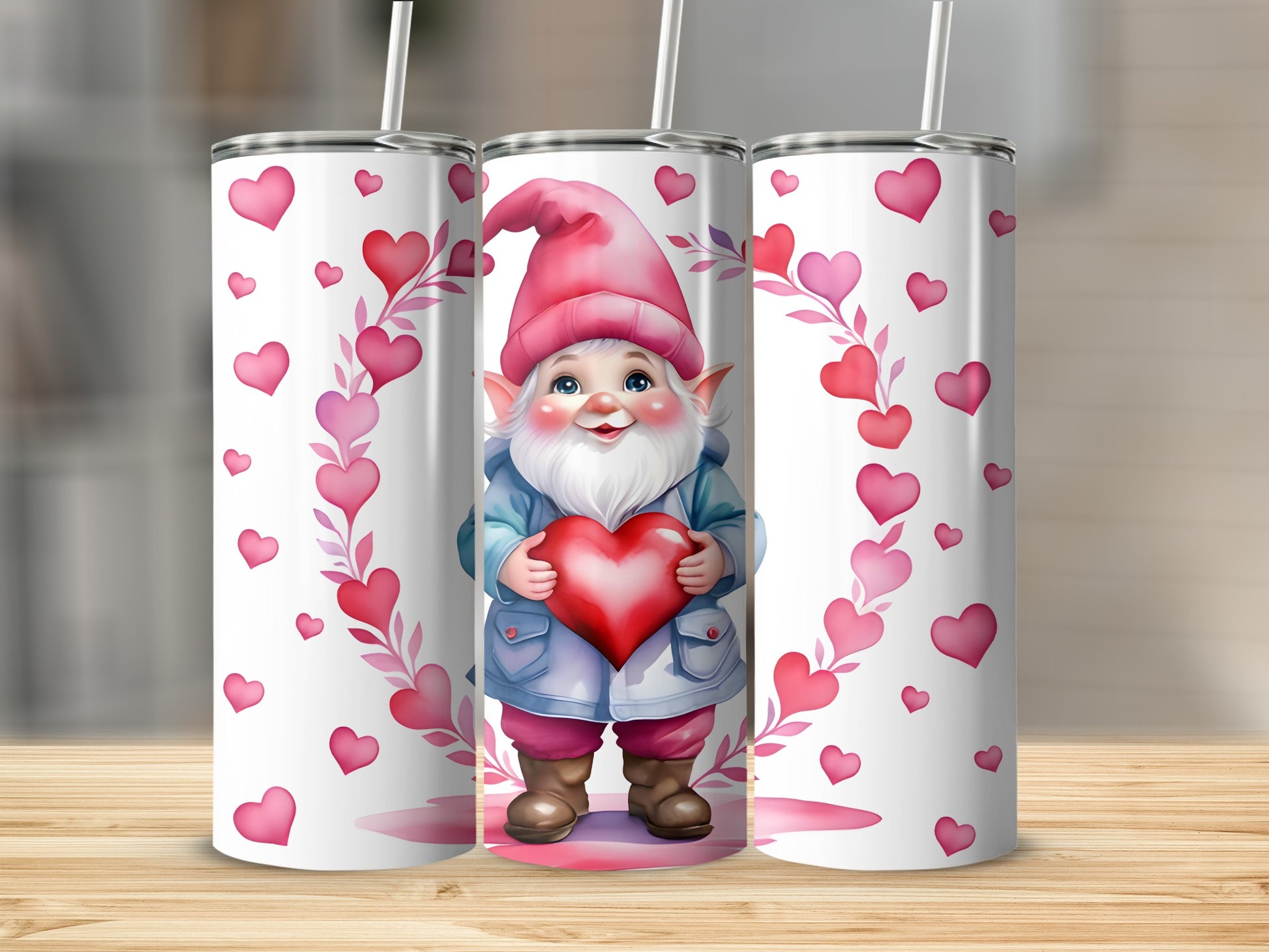 Gnome holding a heart, surrounded by pink heart garland.