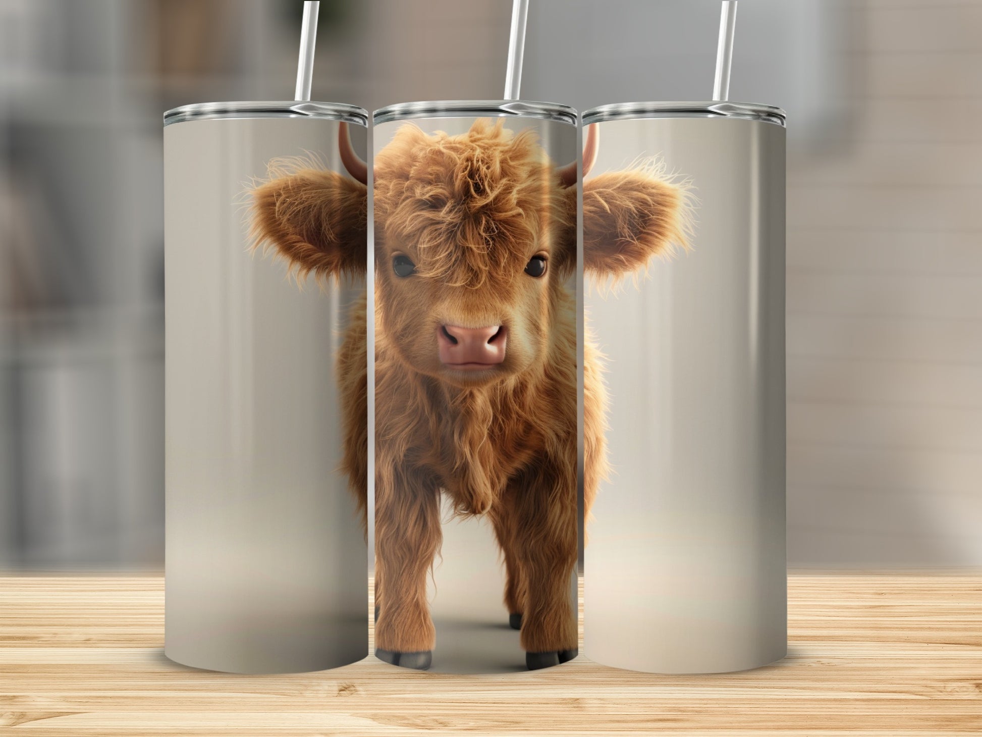 Fluffy Highland cow calf stands between two blank tumblers.